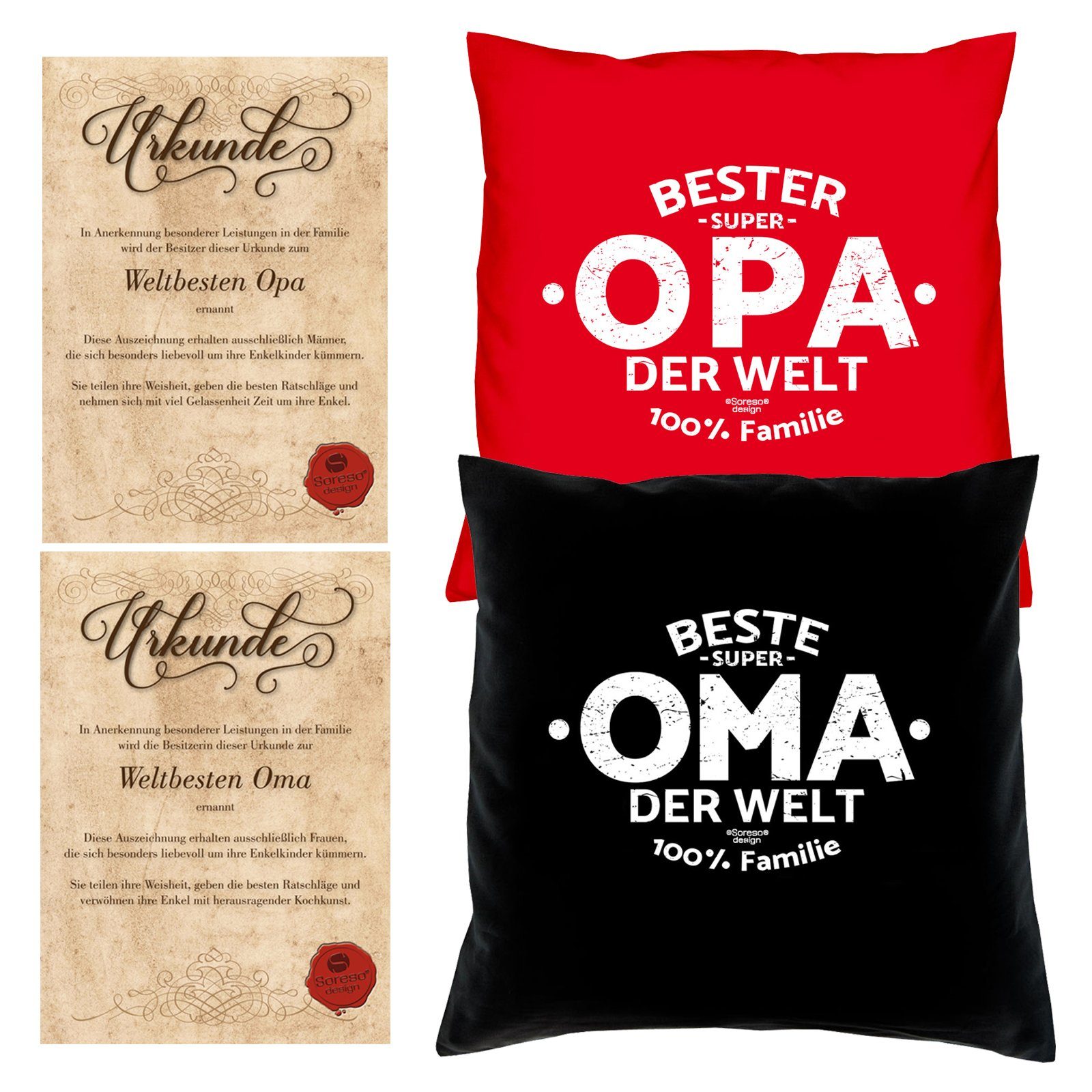 Soreso® mit Beste der Weihnachtsgeschenk Oma Kissen-Set Urkunden, für Dekokissen Großeltern Welt der Opa rot Bester Welt