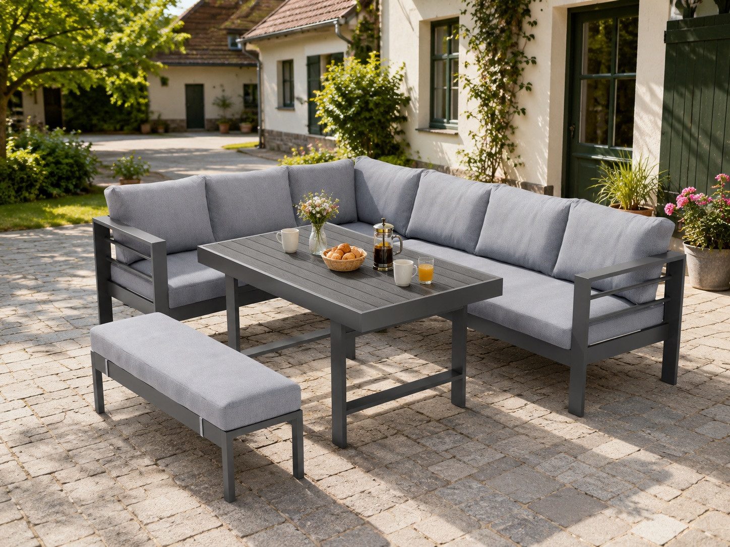 MeXo Gartenlounge-Set Aluminium Gartenmöbel Eck, (L-Form Sofa links, 5-tlg., XXL Terrassenmöbel Set mit Esstisch), Lounge Gartenmöbelset für 6-8 Personen