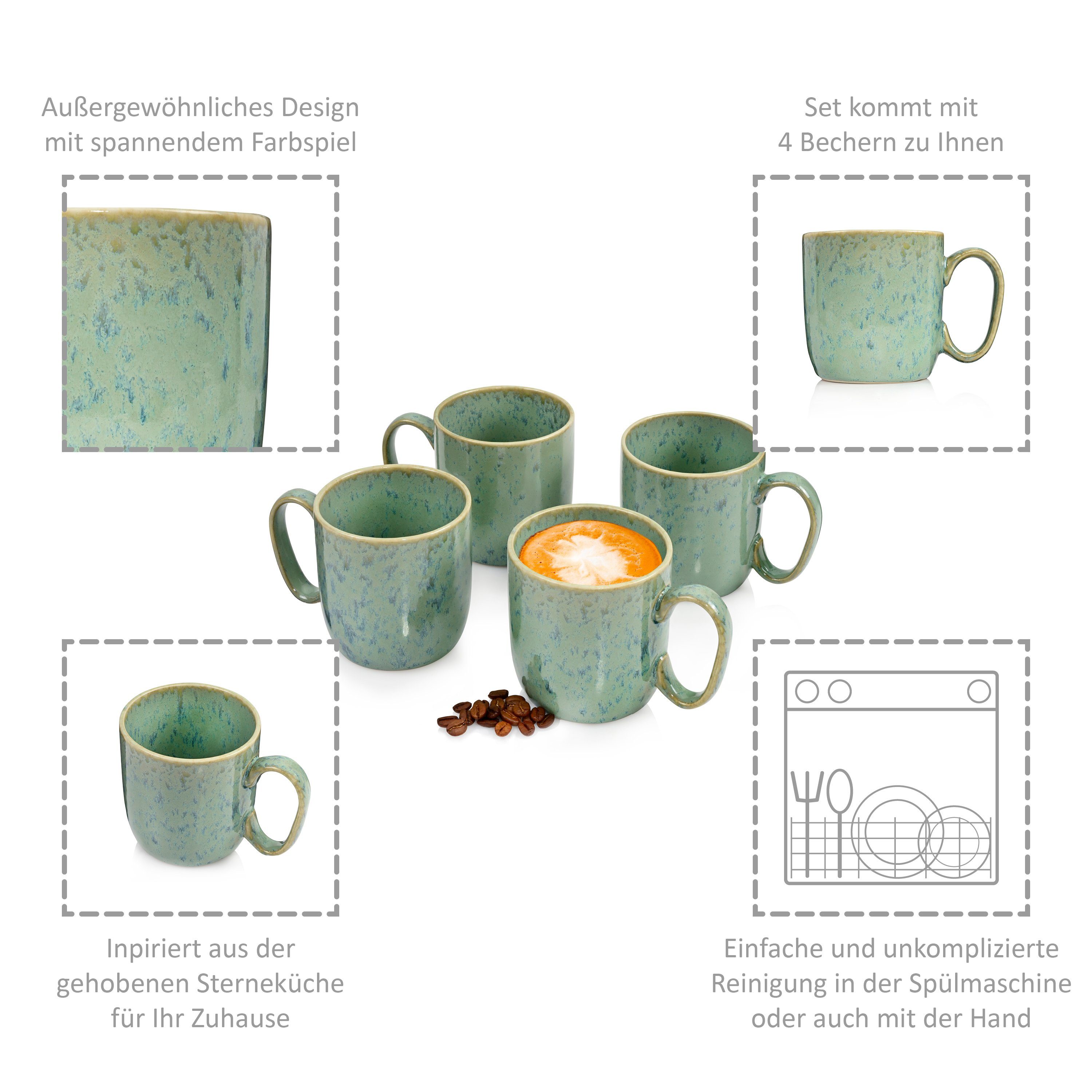 spülmaschinengeeignet Mintgrün, 300 Maya 4-teilig, Becher Set SÄNGER Steingut, ml, Kaffeebecher