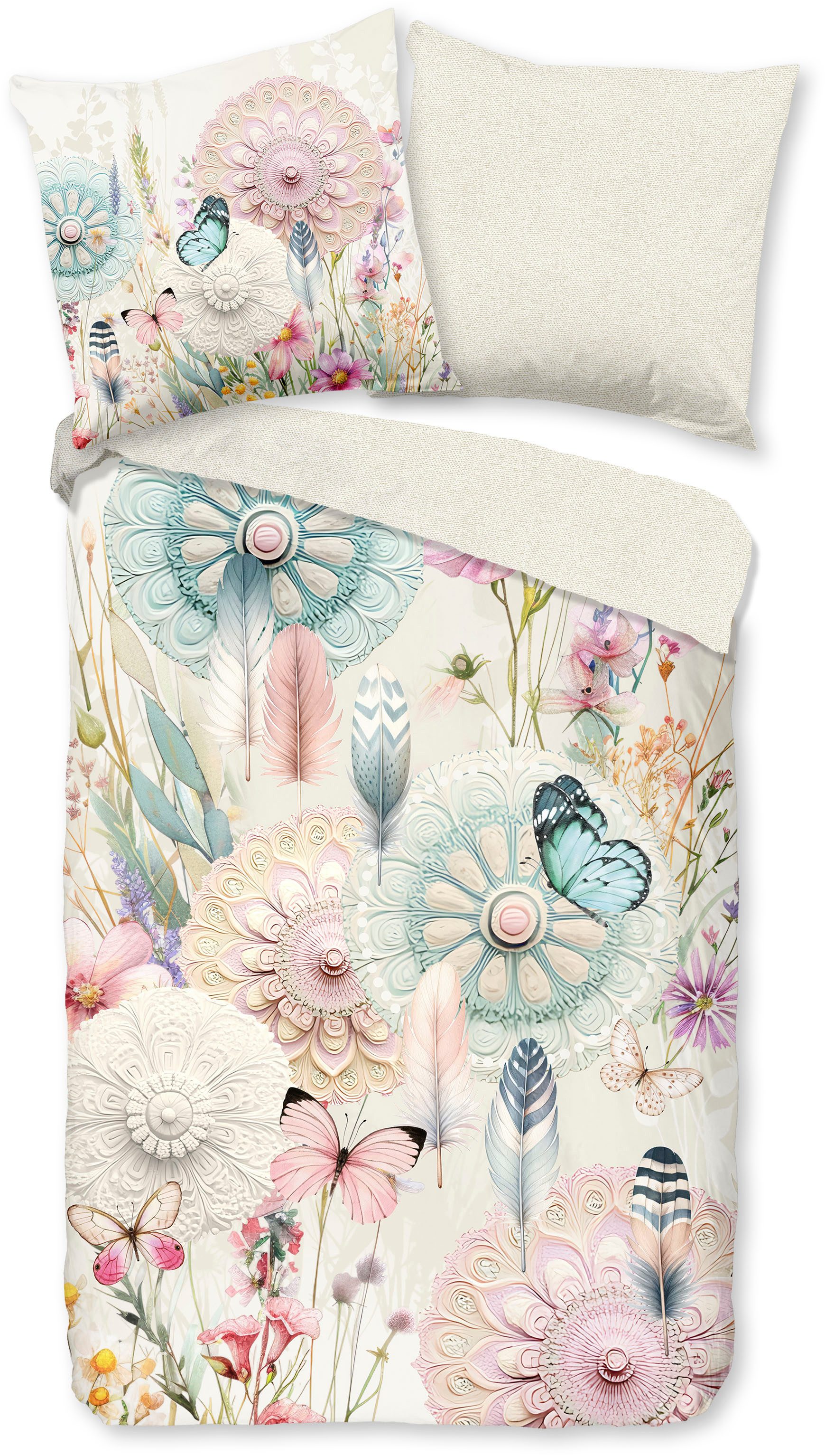 hip Wendebettwäsche Maysa, Mako-Satin, Renforcé, Satin, 2 teilig, Satin, Reißverschluss, Wendeoptik, Mandala, Blume, Boho, Cremeweiß