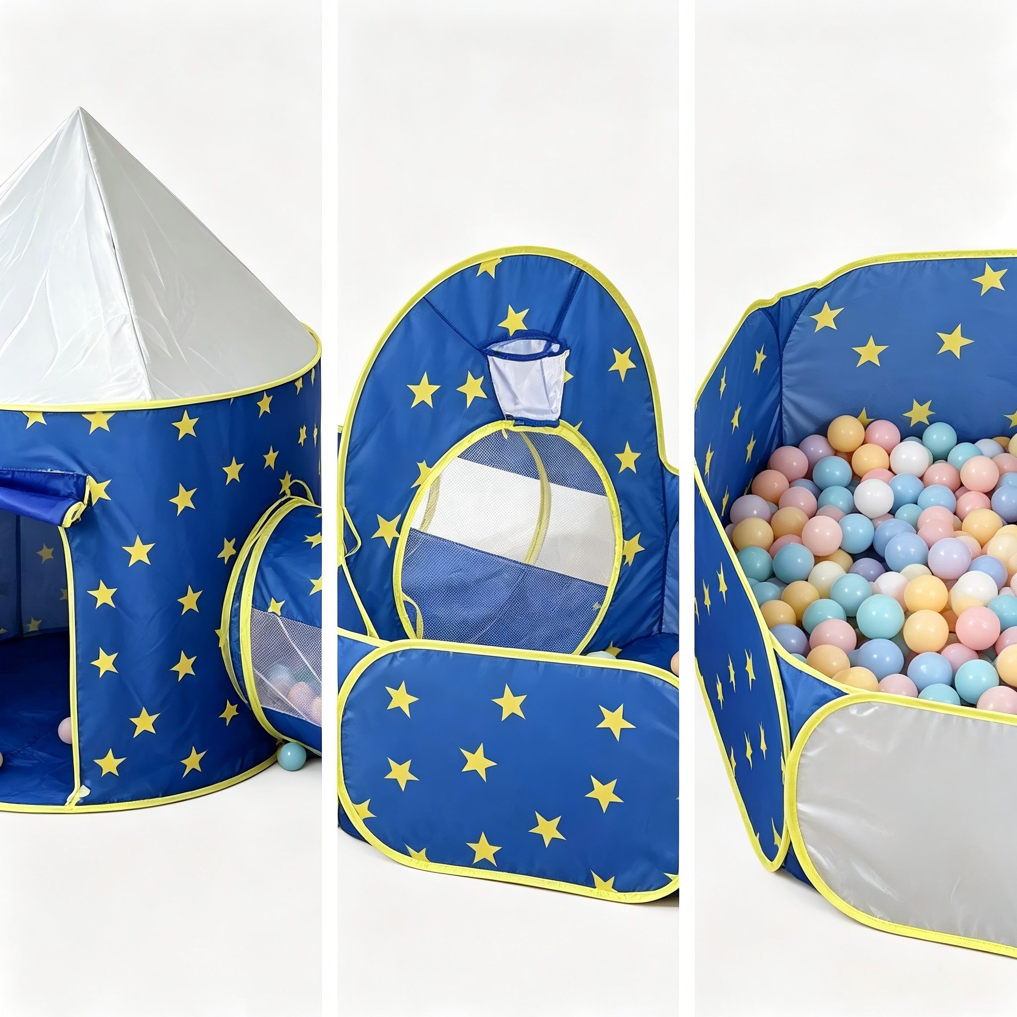 BlingBin Spielzelt 3-in-1-Kinderzelt mit Tunnel und Bällebad, Kinderzelt für drinnen (3er Set, 3-tlg., 295 × 120 × 130 cm) Spielhaus Indoor mit Aufbewahrungstasche Ohne Bälle