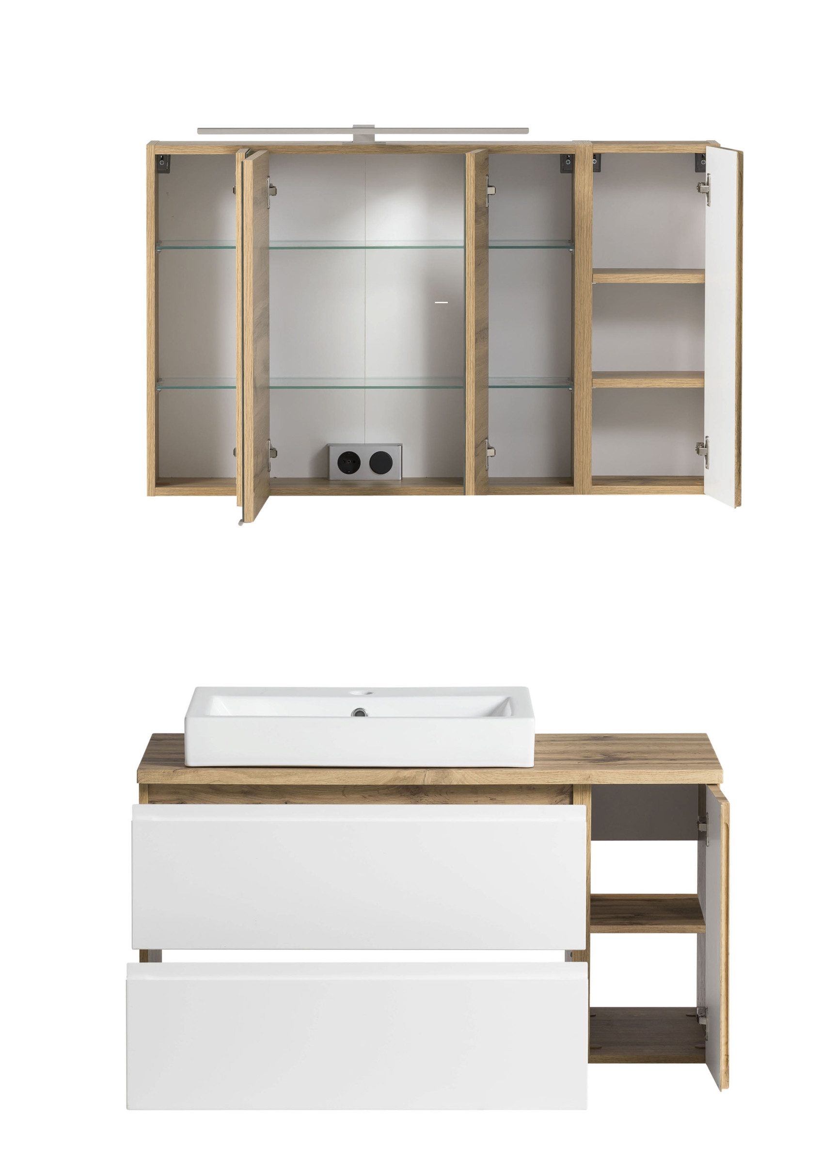 HELD MÖBEL Badmöbel-Set (2-tlg) in weiß / Wotaneiche-Dekor - 105x195x47cm (BxHxT), (2-tlg)