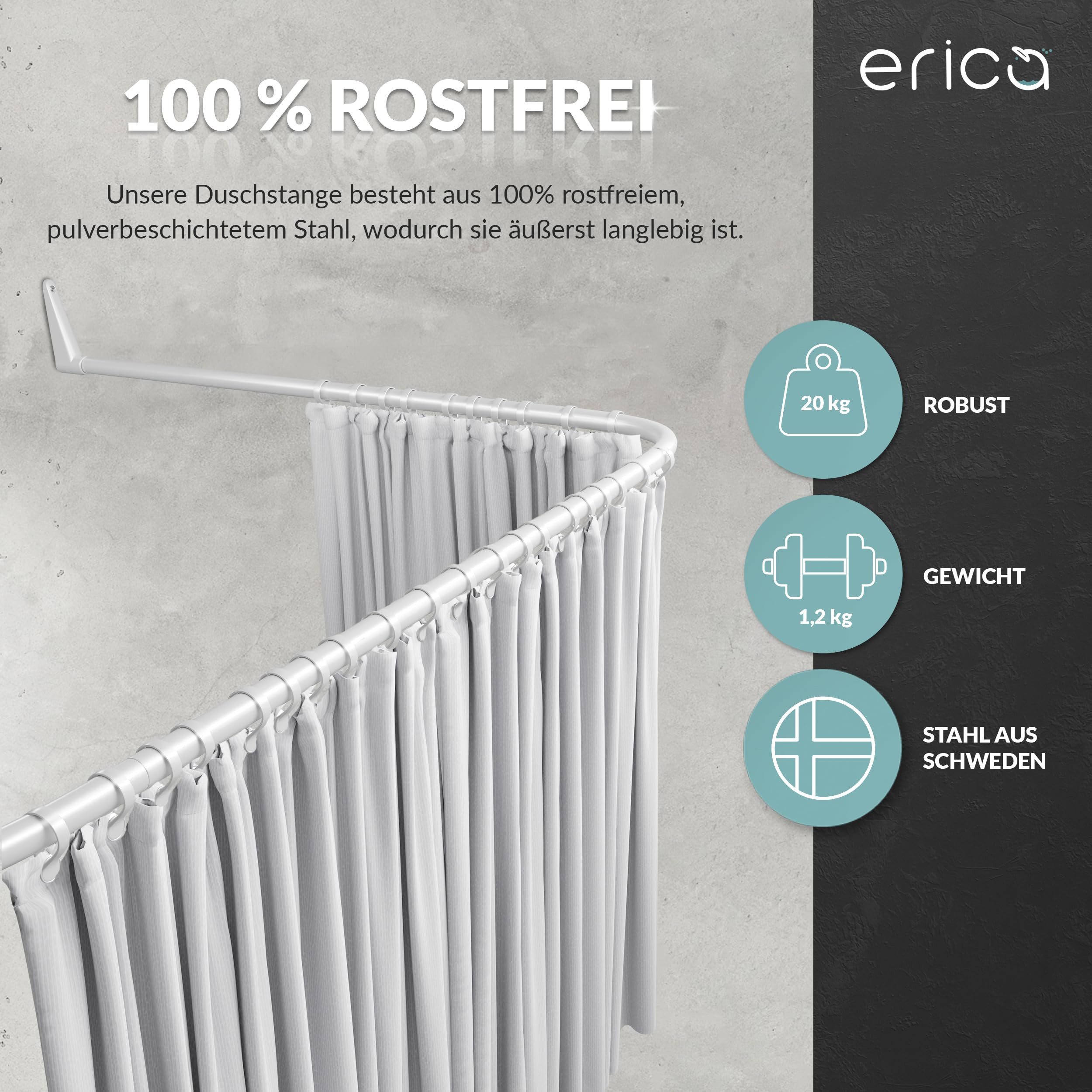 Erica Duschvorhangstange Winkelstange Dusche 85x95x85 cm, Duschstange für Vorhang, Pulverbeschichteter Stahl, 100% Rostfrei – Bild 5 von 5
