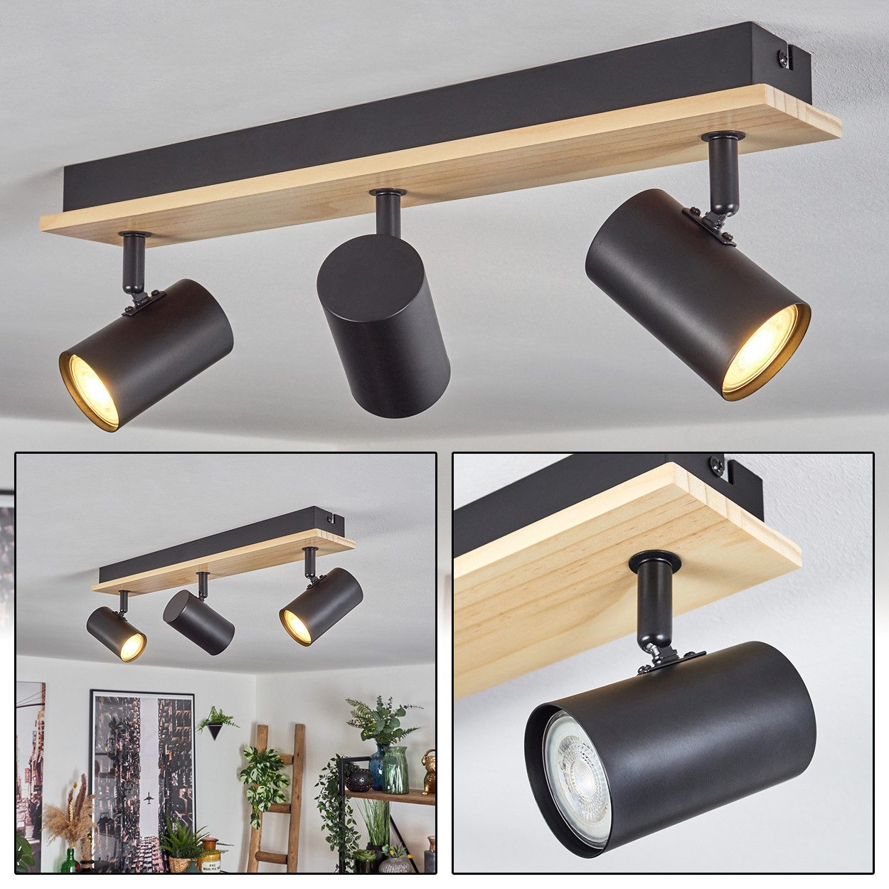 hofstein Deckenleuchte Deckenlampe aus Metall/Holz in Schwarz/Hellbraun, oh günstig online kaufen