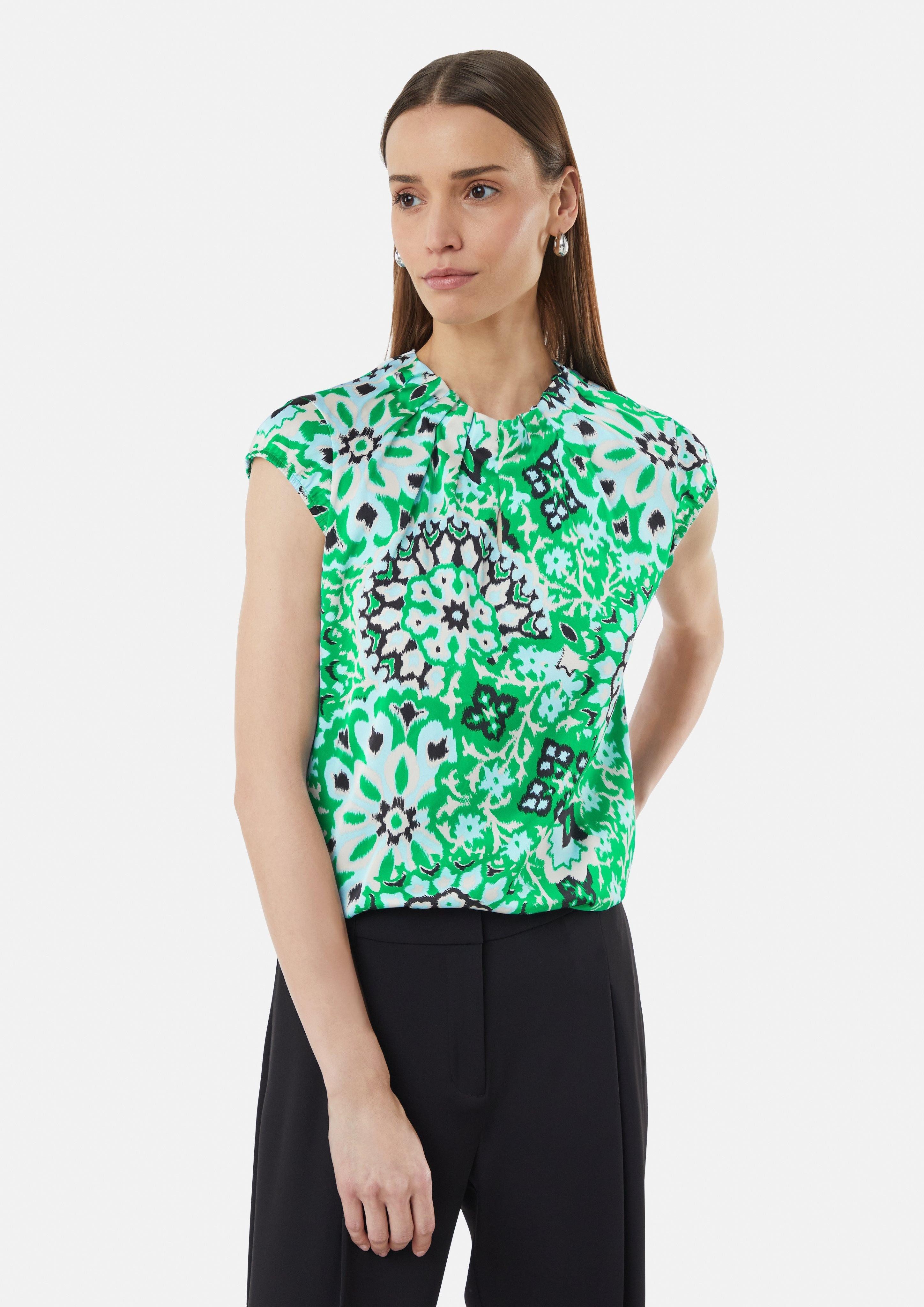 Kurzarmbluse Satinbluse mit Raffung und All-Over Print