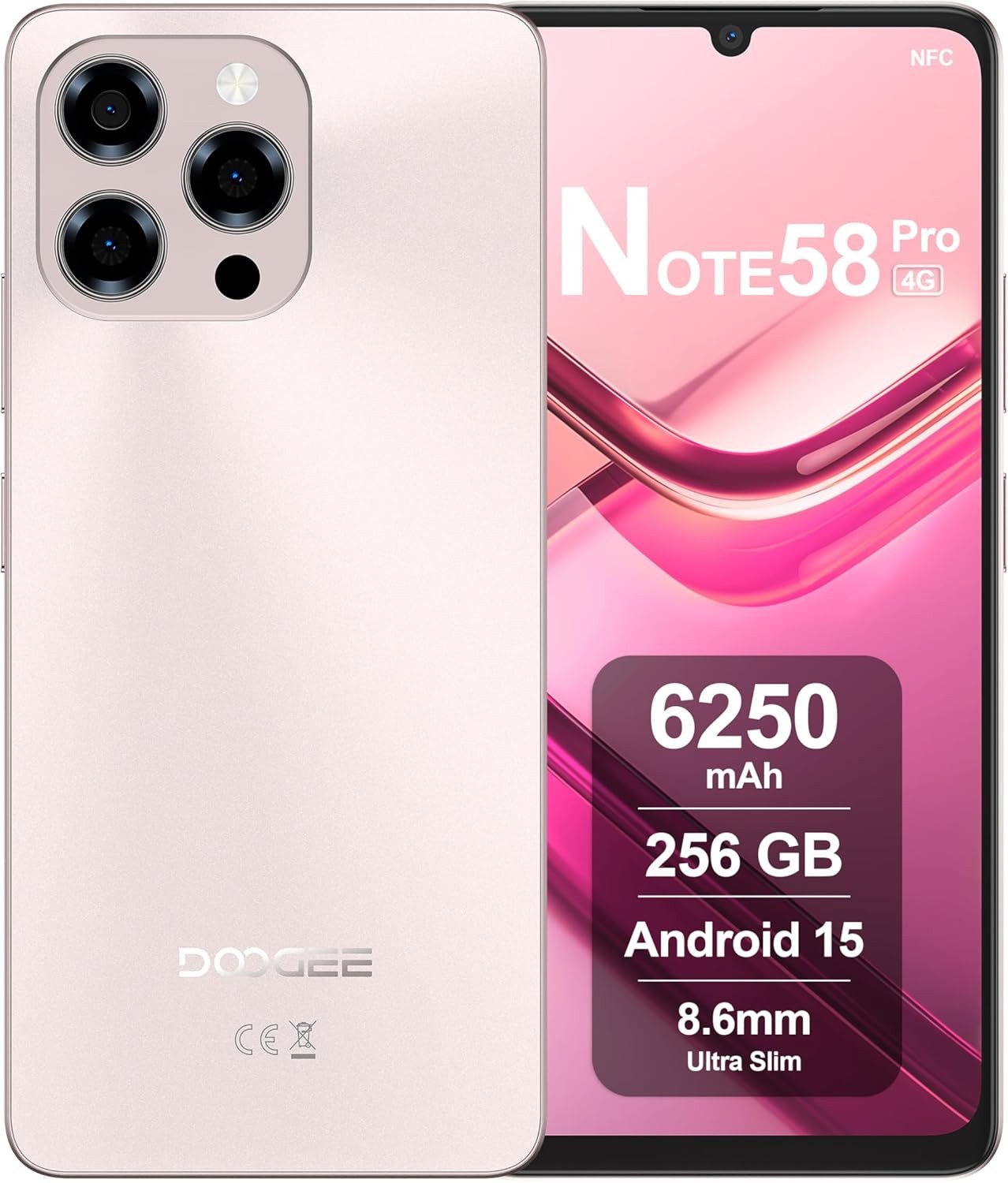 DOOGEE Note 58 Pro Android 15 Smartphone (17,14 cm/6.75 Zoll, 256 GB Speicherplatz, 16 MP Kamera, 6250mAh, 32(8+24)GB+258GB /2TB, 6.75" HD 90Hz, NFC, 4G Dual SIM)