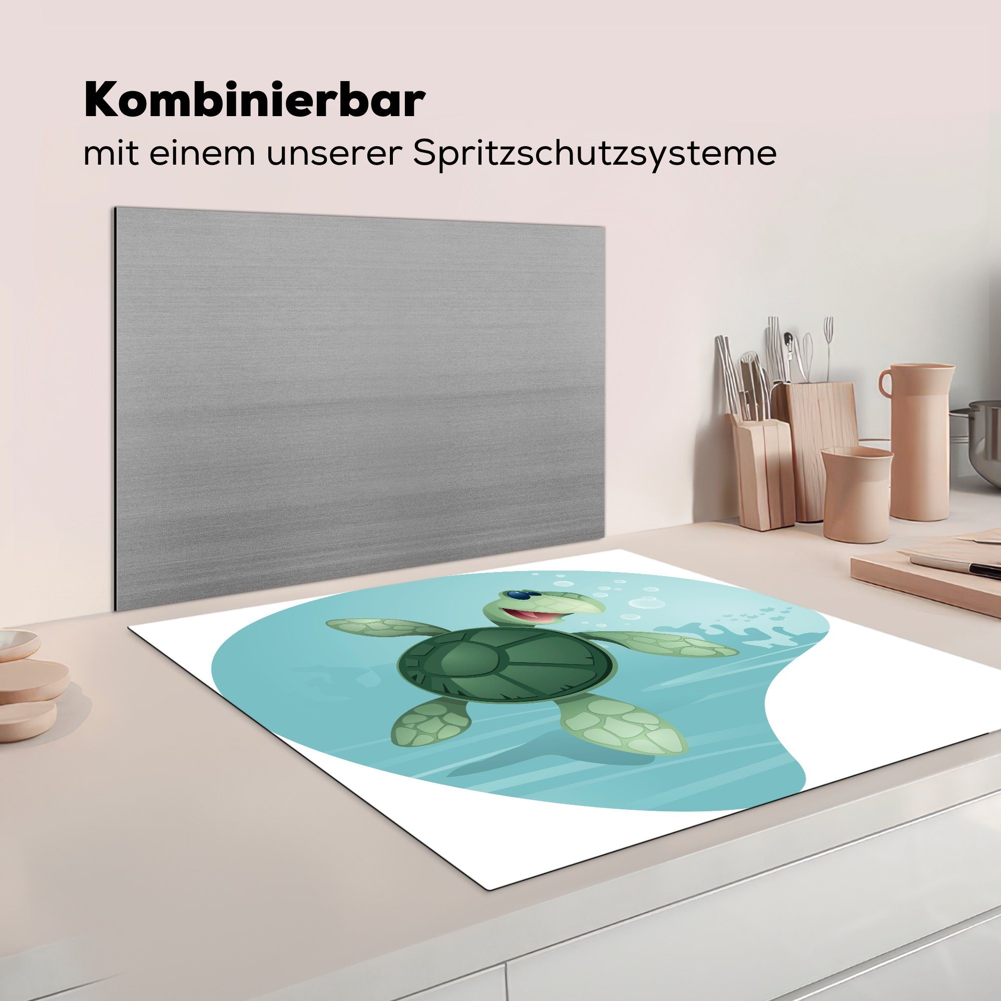 tlg), Wasser, einer (1 küche für Illustration MuchoWow 78x78 grünem Vinyl, cm, Herdblende-/Abdeckplatte Ceranfeldabdeckung, Schildkröte in Arbeitsplatte