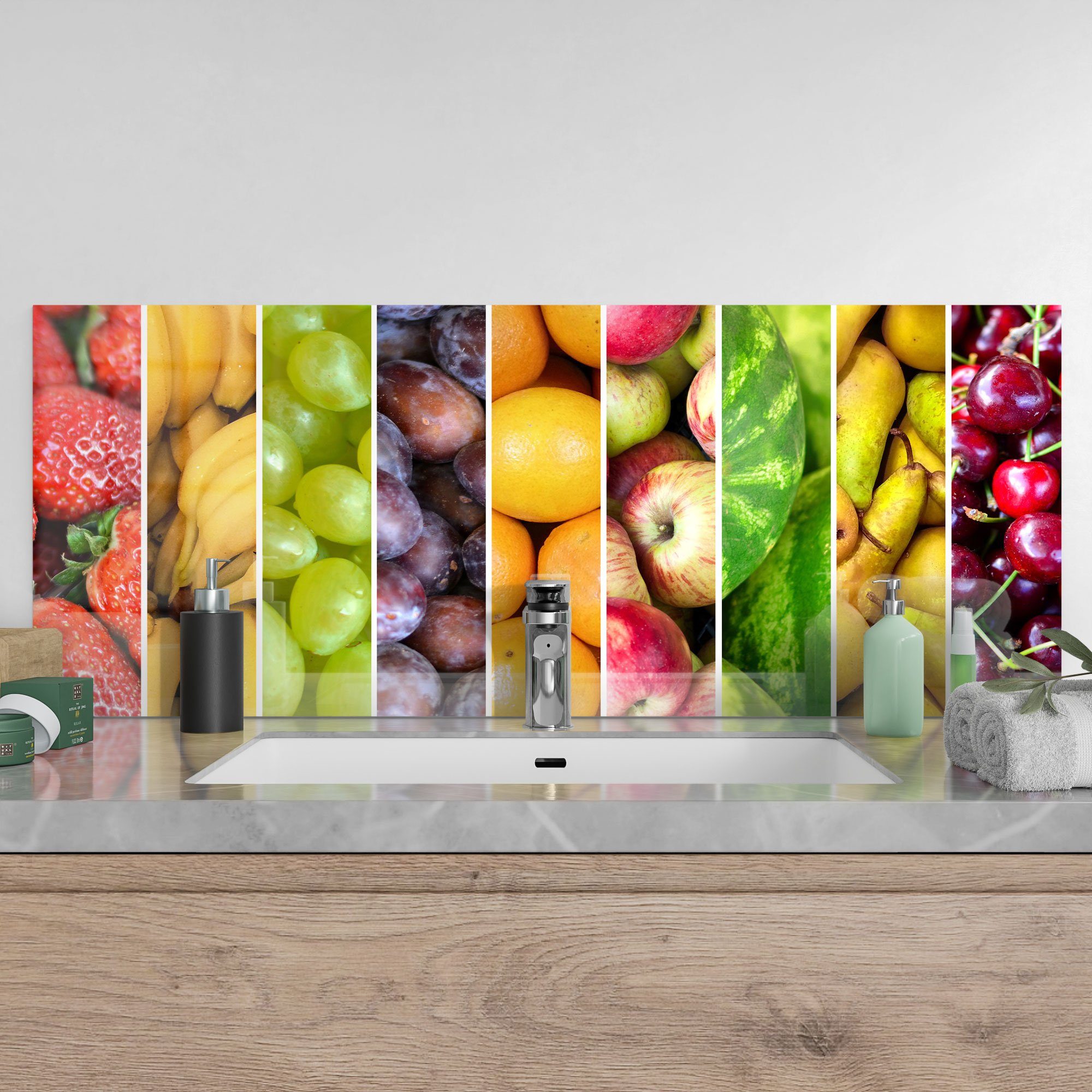 Komposition', Herdblende Spritzschutz Glas Badrückwand 'Fruchtige Küchenrückwand DEQORI