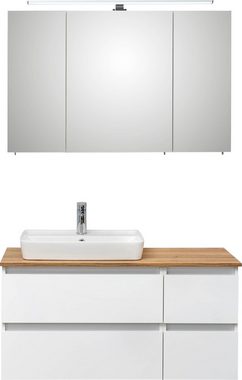 Saphir Badmöbel-Set Quickset 360 2-teilig, Keramik-Aufsatzbecken mit LED-Spiegelschrank, (2-St), Waschtischplatte, 115 cm breit, Weiß Glanz, 3 Türen, 4 Schubladen