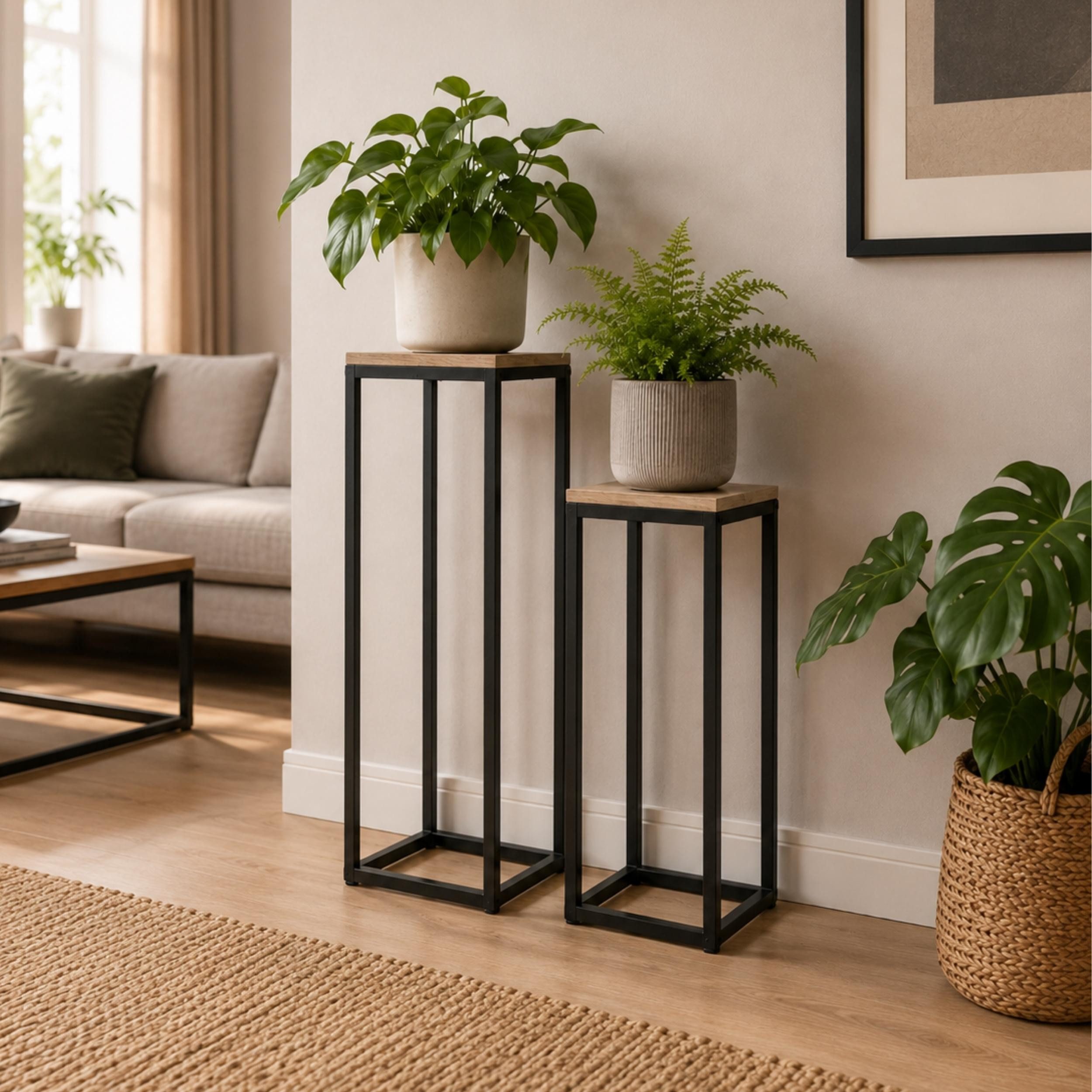 DanDiBo Blumenhocker Blumenständer Metall Schwarz Eckig 2er Set 60 cm 70 cm Pflanzenständer – Bild 3 von 5