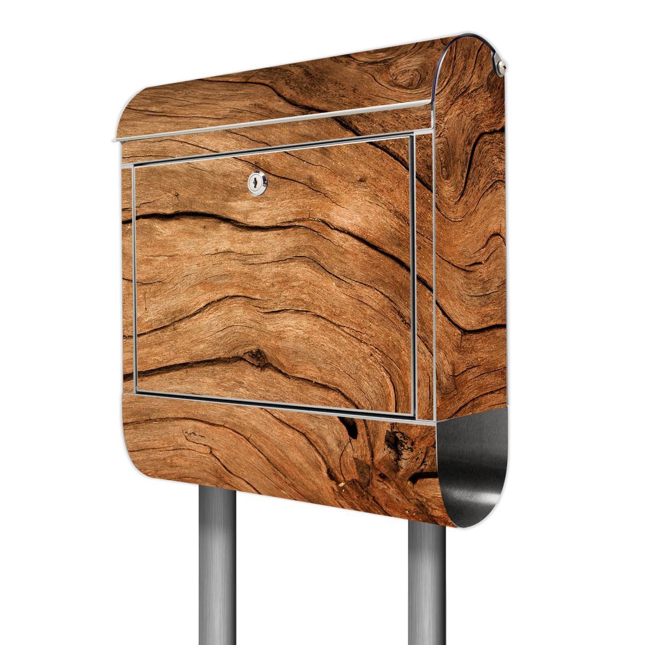 banjado Standbriefkasten Edelstahl Trockenes Holz (Standbriefkasten Trockenes Holz, mit Zeitungsfach), 126 x 53 x 17cm