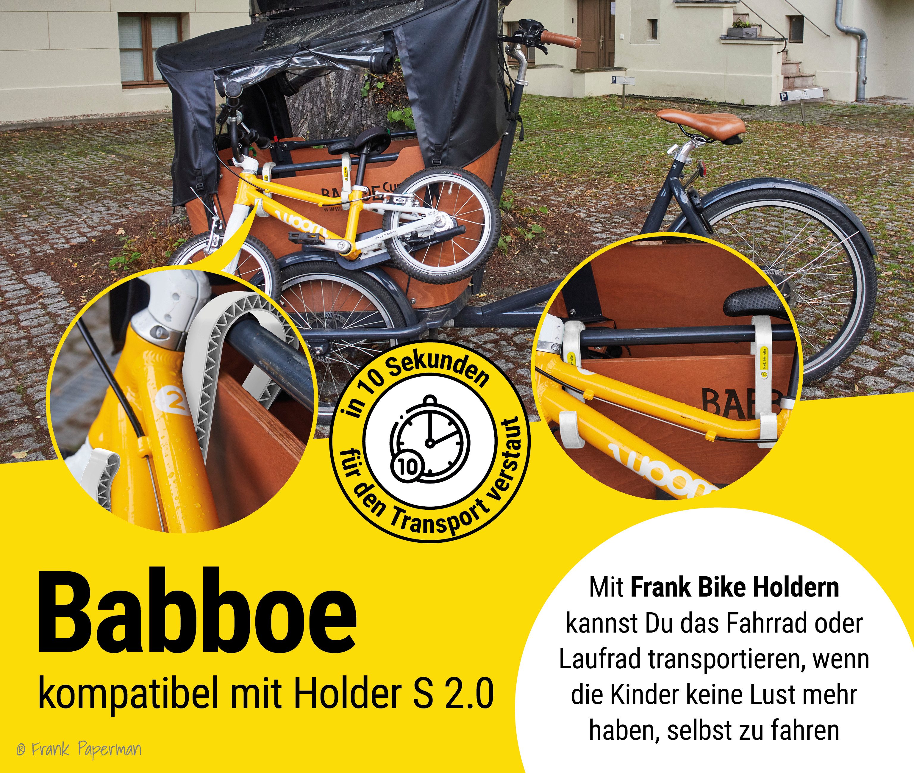 Frank Paperman bicycle cargo trailer, child bicycle holder, cargo bike transport hook for Babboe, Bakfiets, Muli, cargo bike balance bike holder
