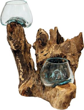 Wogeka Dekovase Doppel Glas-Vase Ø Glas 10-11 cm auf Wurzel-Holz Gamal Teakholz