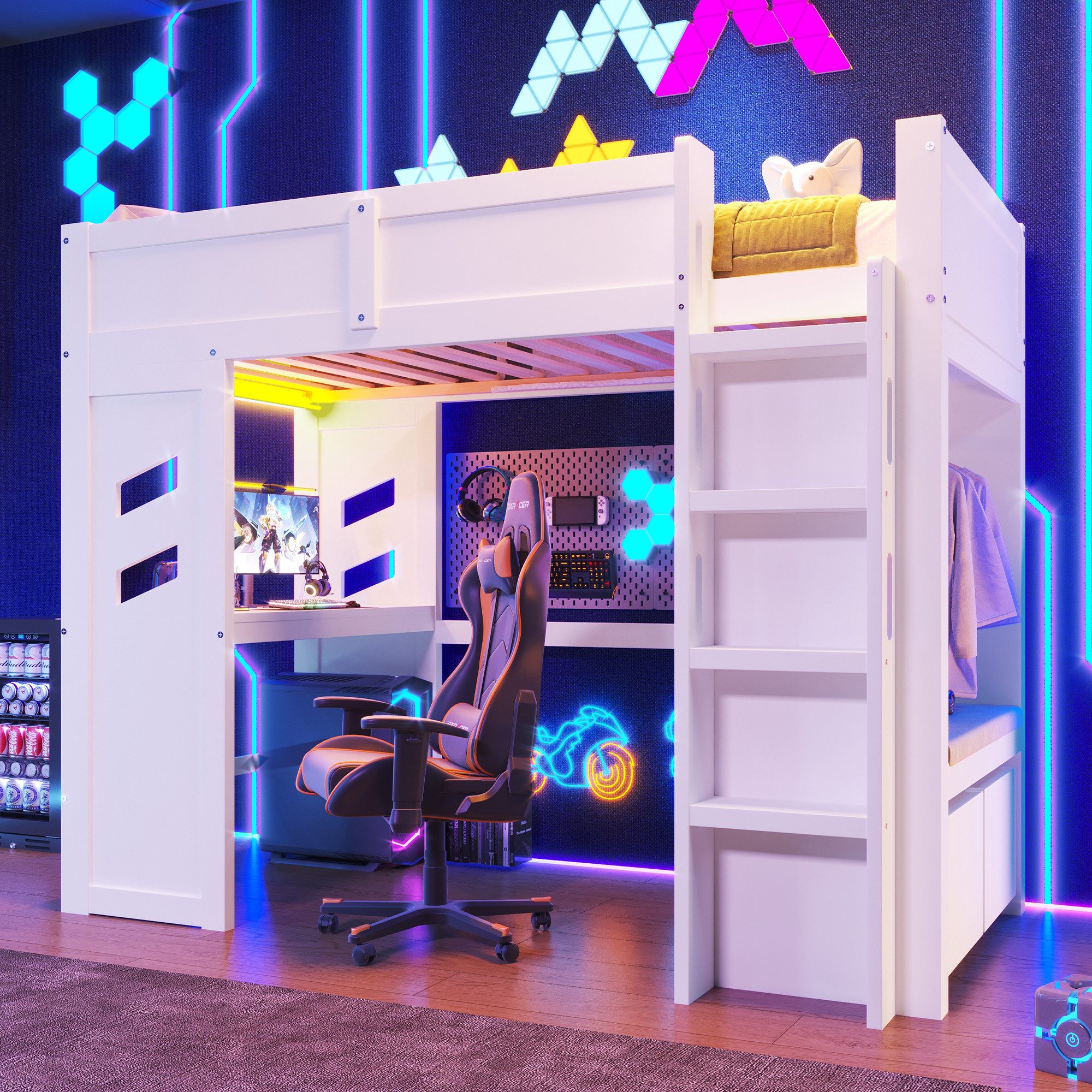 OKWISH Kinderbett Hochbett Holzbett (mit Gaming-Schreibtisch, LED-Beleuchtu günstig online kaufen