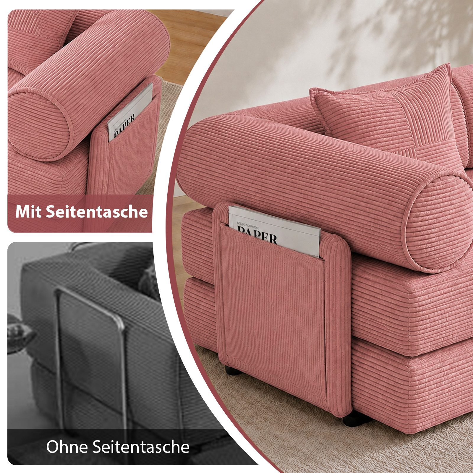 Hoolamyie Sofa 6-in-1 Cord Schlafsofa mit Schlaffunktion, 200 cm breit, 2-Sitzer, Modulares Sofa, ohne Montage, komprimiert verpackt, bis 200 kg – Bild 5 von 5