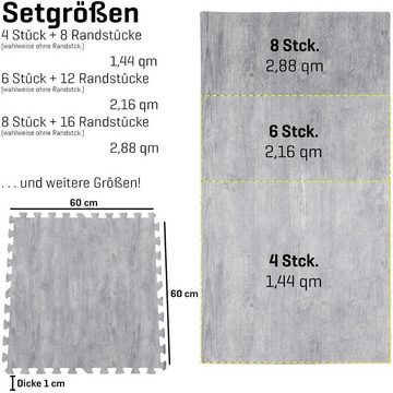 Sporttrend 24 Bodenschutzmatte 4 Schutzmatten + 8 Randstücke Holzoptik (grau, Schutzmatte Bodenschutzmatte Fitnessmatte Sportmatte Trainingsmatte Yogamatte Übungsmatte Unterlegmatte Turnmatte Puzzlematte Bodenmatte