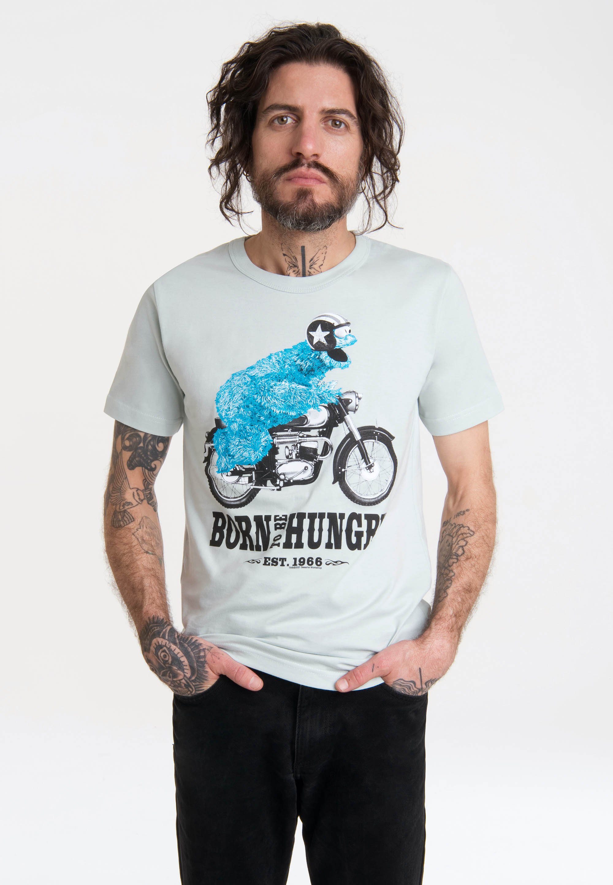 LOGOSHIRT Sesamstraße mit T-Shirt lizenziertem hellblau Motorrad - Print Krümelmonster