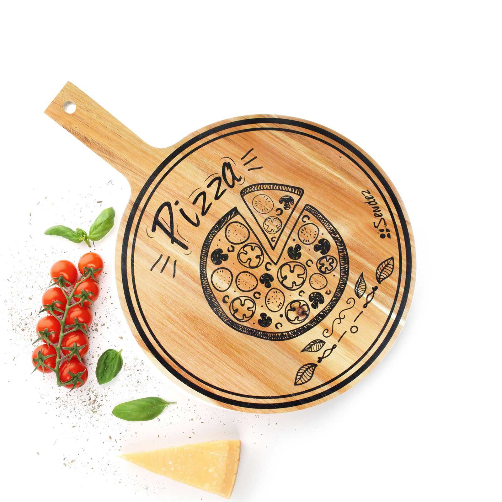 Sendez Pizzaschneidebrett Pizzabrett mit Griff und Aufdruck ø30cm Holzbrett Pizzateller – Bild 4 von 5