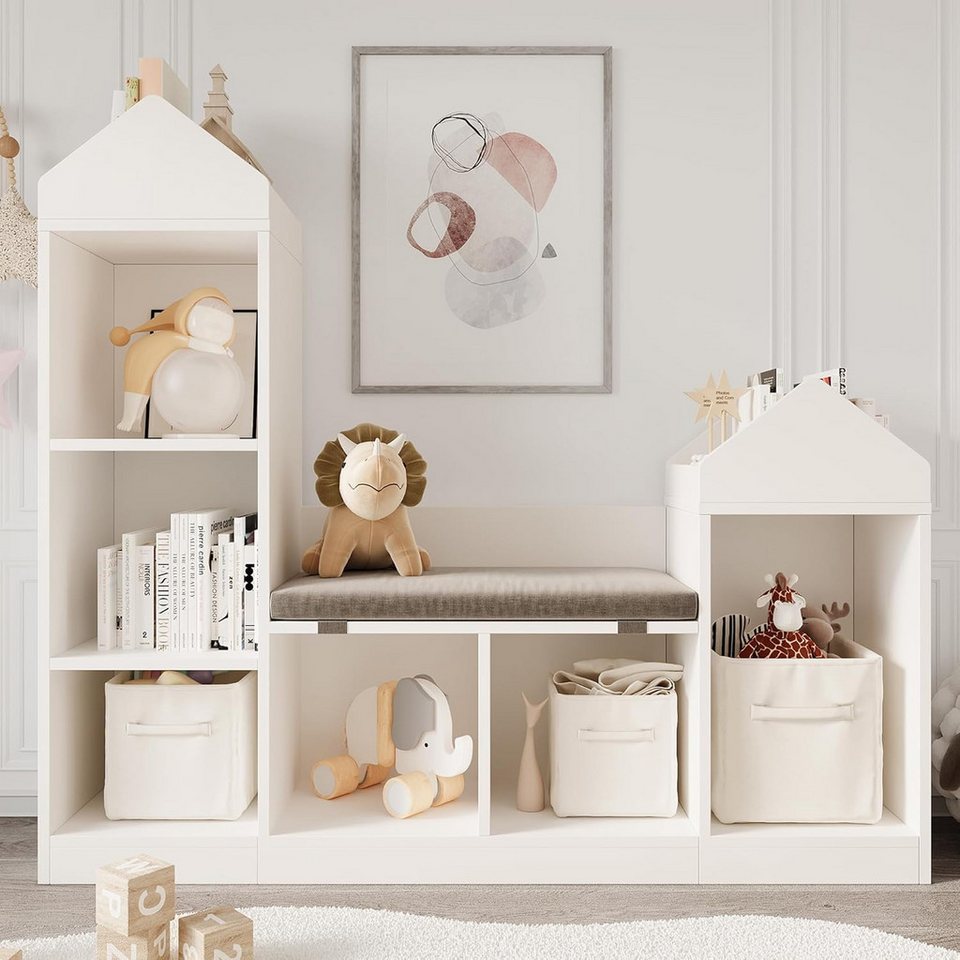 GarveeMore Kinderregal mit 6 Fächern und Sitzkissen, weiβ/weiß