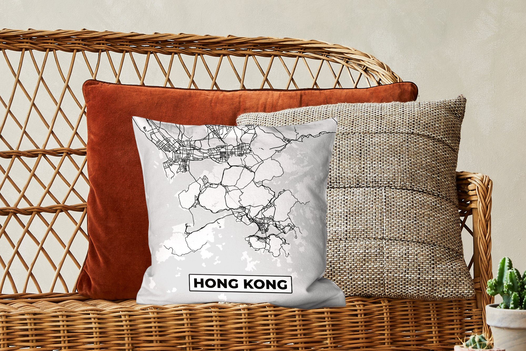 MuchoWow Dekokissen Hongkong - Sofakissen Karte, weiß Schlafzimmer, Füllung Zierkissen - Wohzimmer, und für - Deko, Schwarz mit Stadtplan