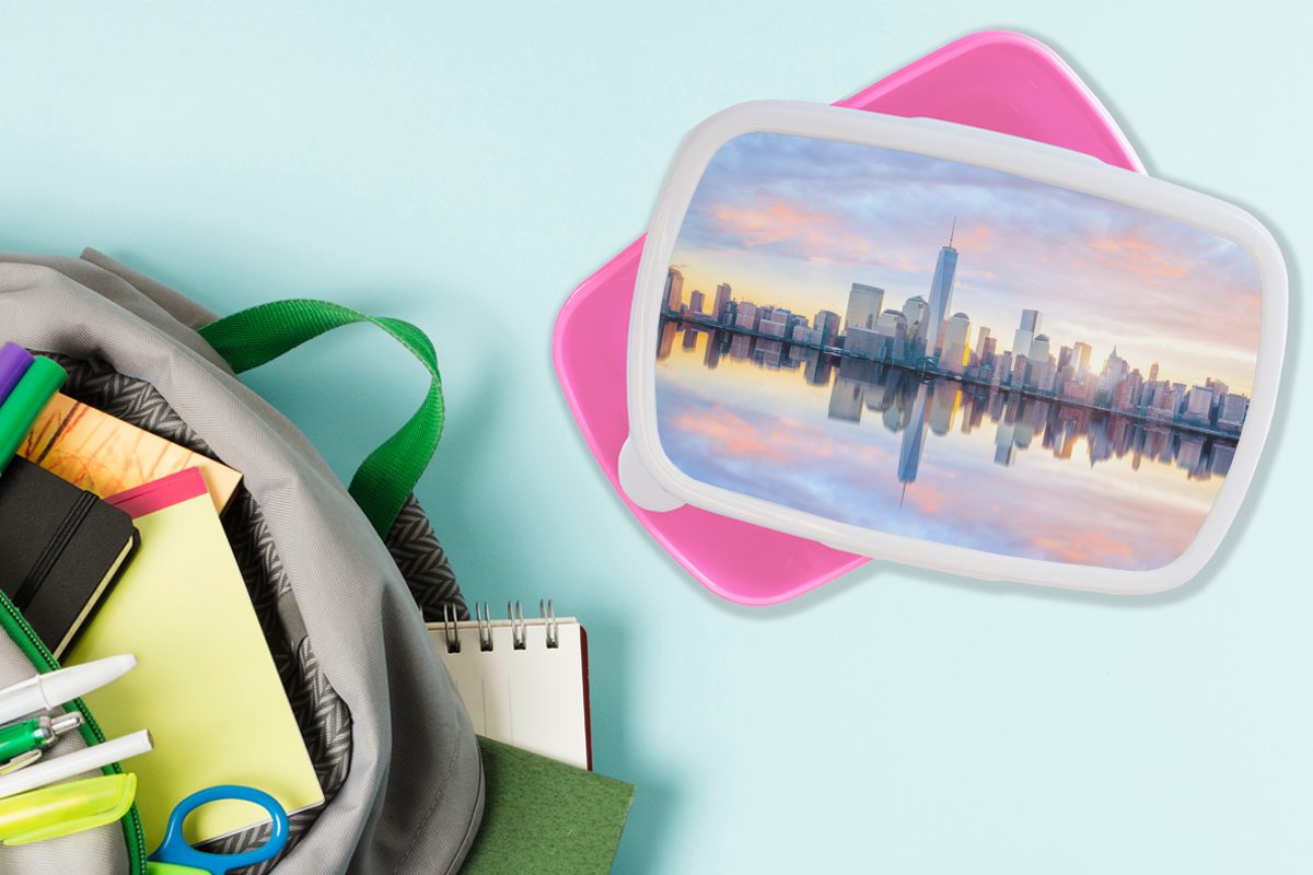 MuchoWow Lunchbox - Kinder, Skyline, Erwachsene, (2-tlg), - für Kunststoff, York Kunststoff Mädchen, Brotbox Snackbox, rosa Wasser New Brotdose