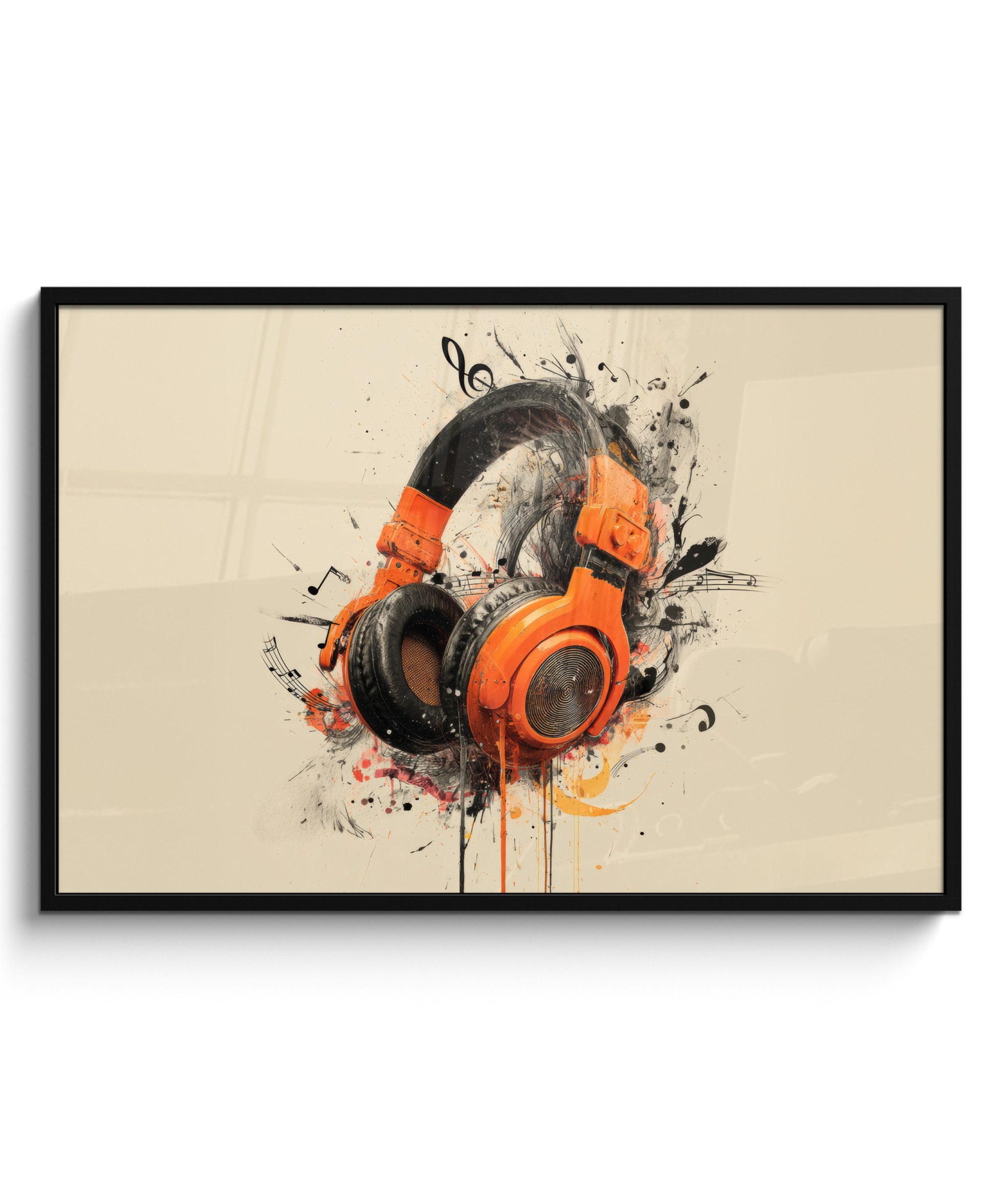 MuchoWow Poster Kopfhörer - Orange - Explosiv, (1 St), Bilderrahmen, Dekoration für die Wand Wohnzimmer, 120x80 cm