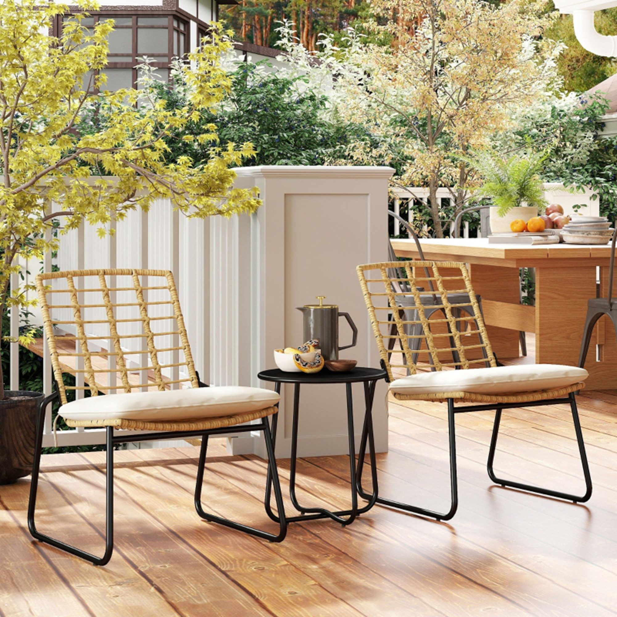 MC Star Gartenlounge-Set Rattan Gartenmöbel Set, Balkonmöbel Set für 2 Personen 3-teilig, (Sitzgruppe mit 2 stapelbar Stühle, Tisch Kissen wetterfest Garten Lounge für Terrasse Balkon, Beige & Braun)