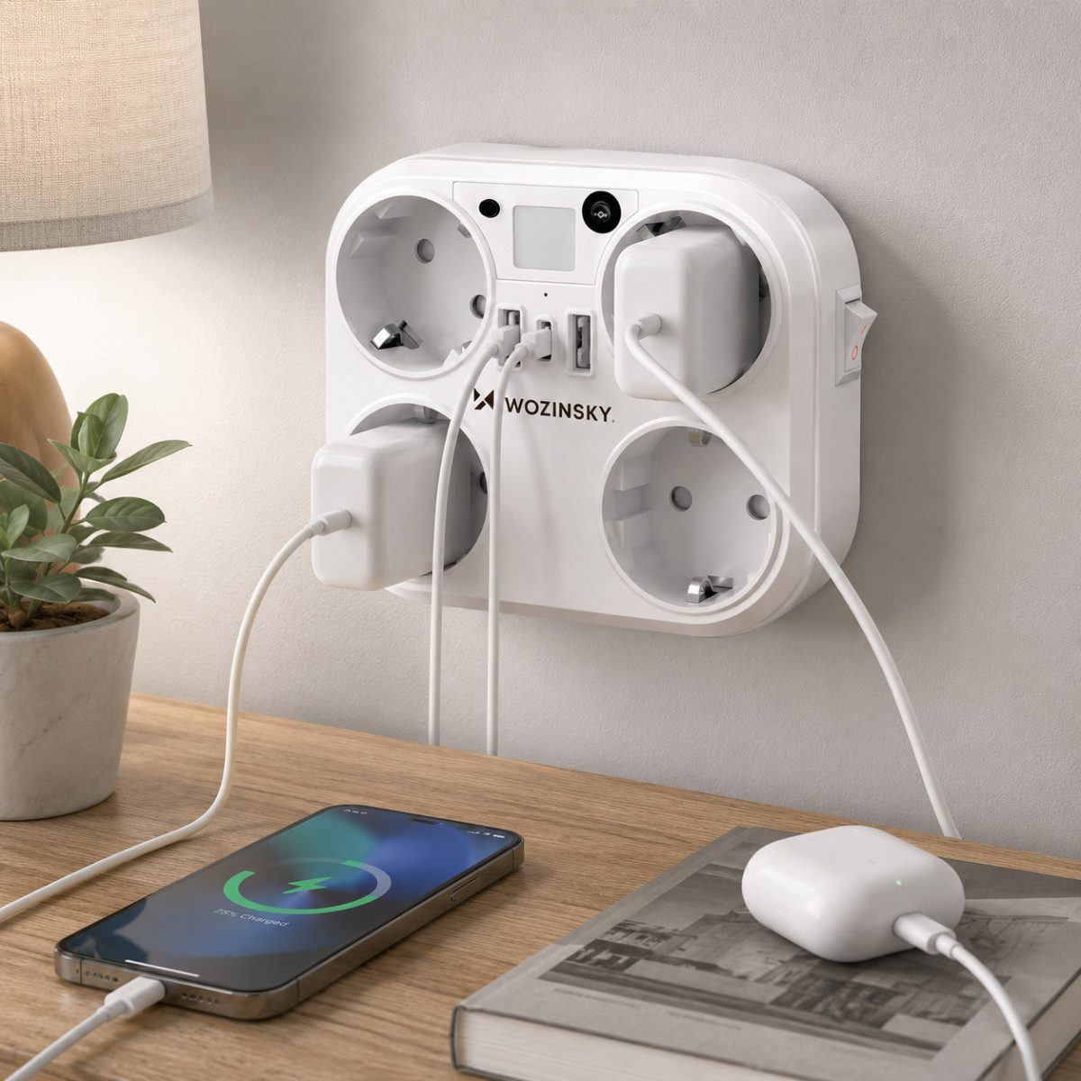 Wozinsky WRS-2B Steckdosenverteiler 7-fach (Ein-/Ausschalter, 1x USB-C, Nachtlicht, 4 Steckdosen, 2x USB-A, Sensor), 4 Steckdosen, 3 USB-Ports, Nachtlicht mit S – Bild 2 von 2