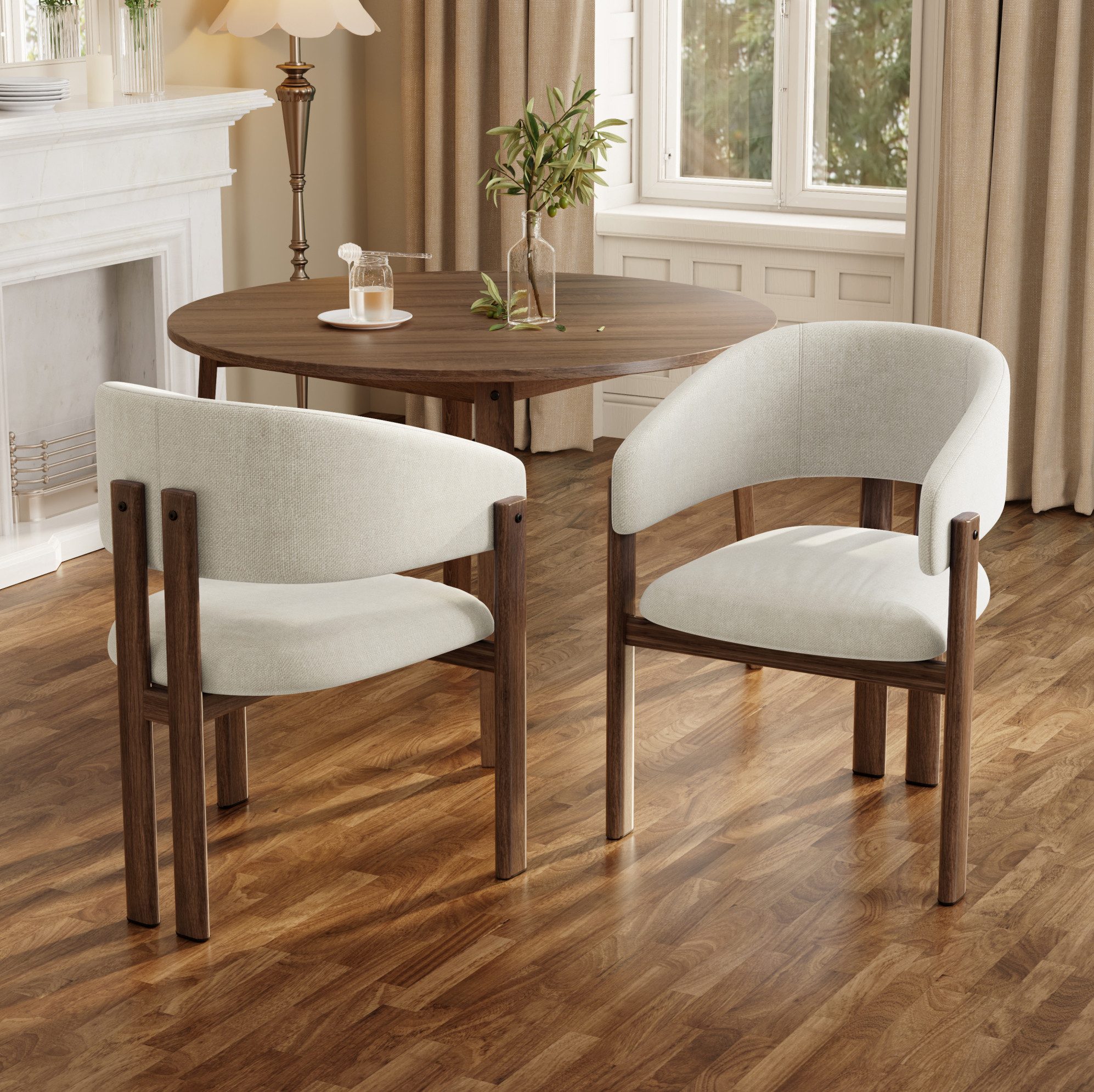 OKWISH Esszimmerstuhl 2 Stühle mit Leinenbezug & Metallgestell in Holzoptik (Walnuss & Beige, 61,5×83×52,5 cm, für Esszimmer & Café, 1 St), ergonomische Armlehnen, atmungsaktiv, stabil