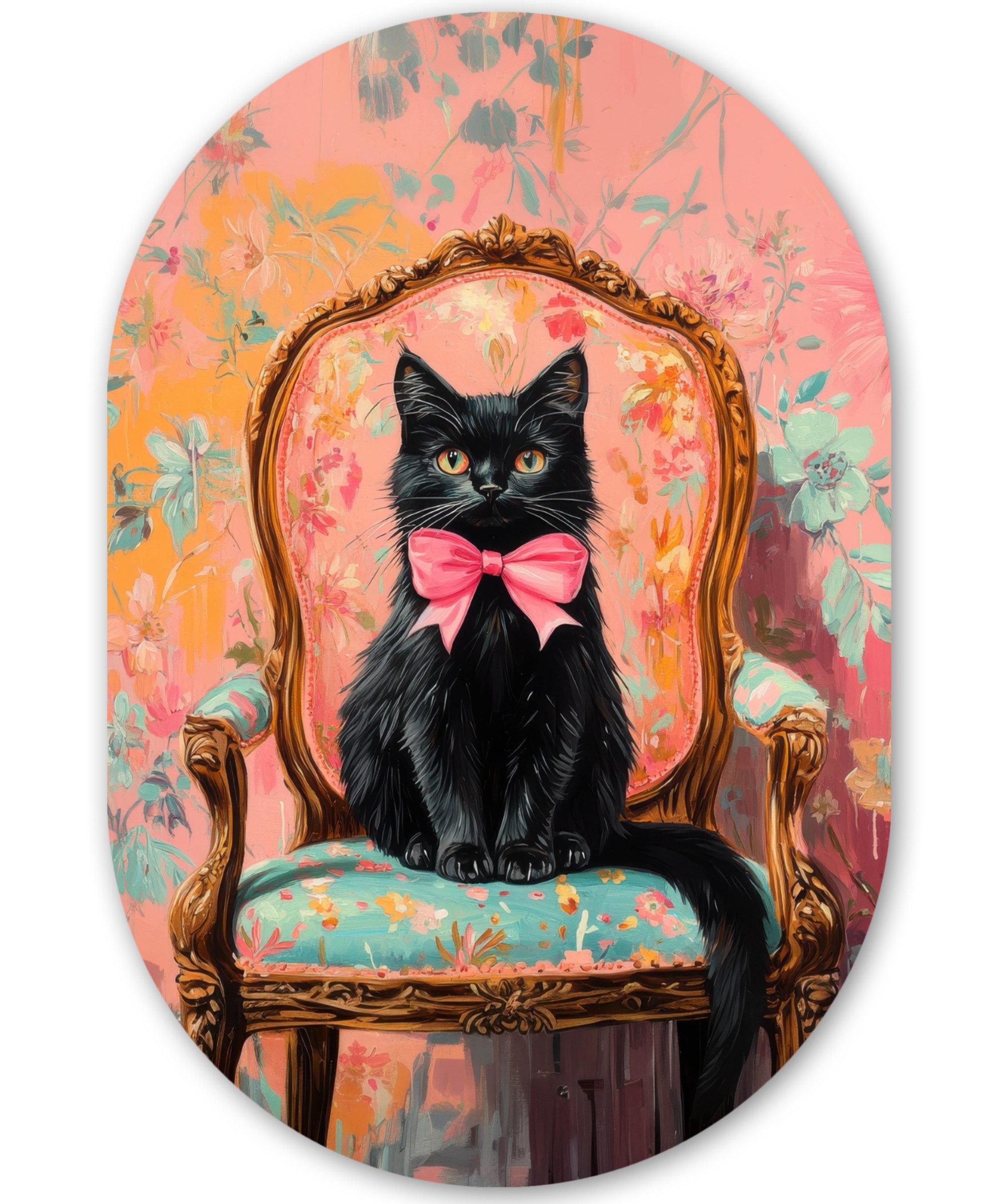 MuchoWow Gemälde Katze - Rosa - Stuhl mit Blumenmuster, Fotodruck (1 St), Ovales Wandbild, Wanddeko Rund Flur oder Wohnzimmer, 80x120 cm