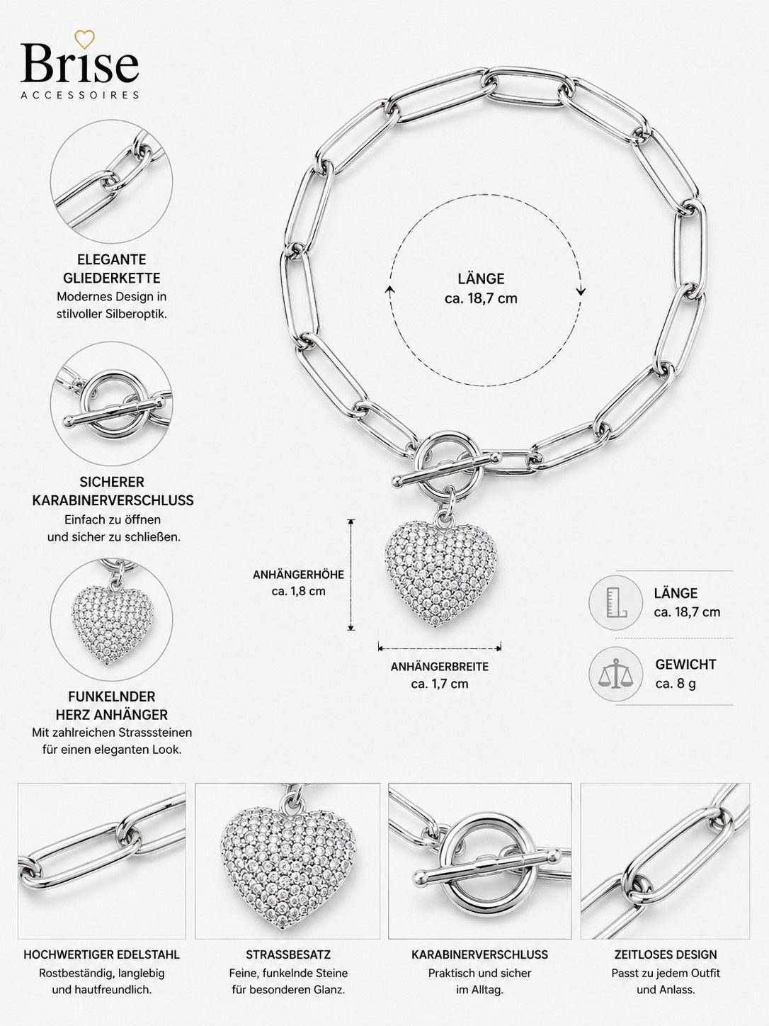 Brise Schmuck Armband Edelstahl Armband Damen Herz – Verstellbares Gliederarmband Silber, Verstellbar, 100 % Edelstahl, Herz-Anhänger, Strass-Detail, Rostfrei – Bild 3 von 4