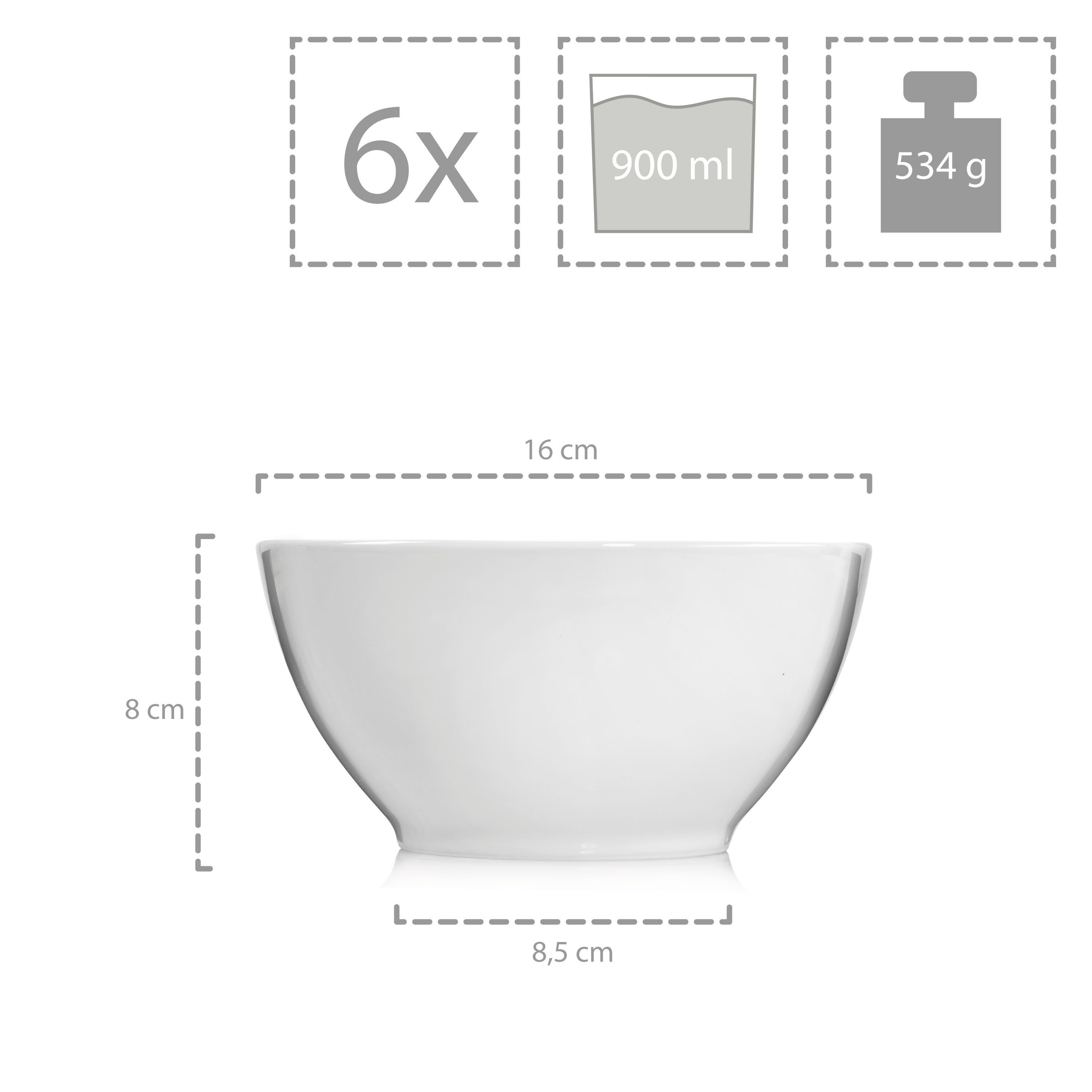 Suppenteller Sunfort rundes Set, Suppenschalen Porzellan Design, 900ml, (6 SÄNGER St), Weiß,