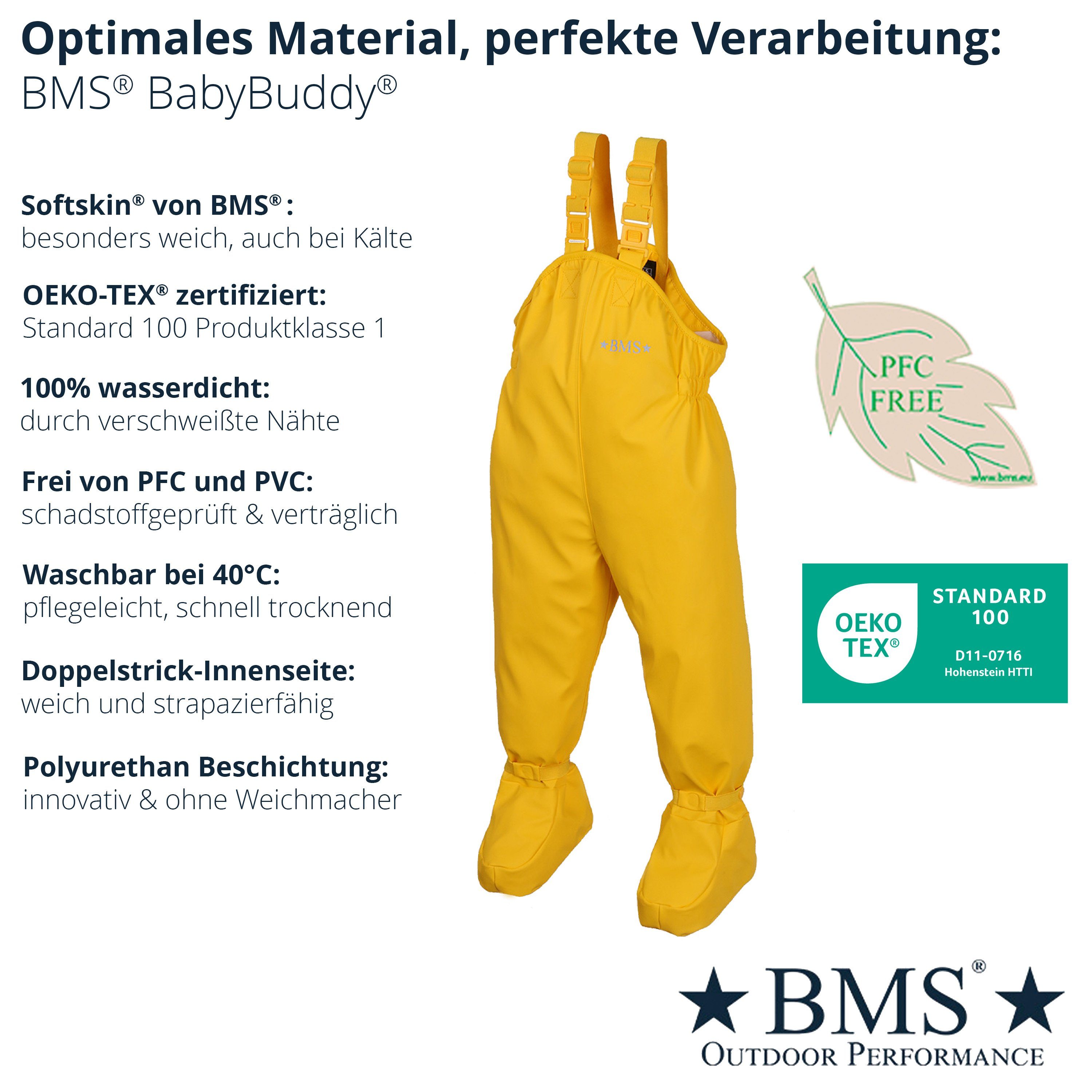 gelb BMS mit Regen- Matschlatzhose Füssling und wasserdichte Füsslingen - Krabbelhose integrierten BMS integrierte BabyBuddy