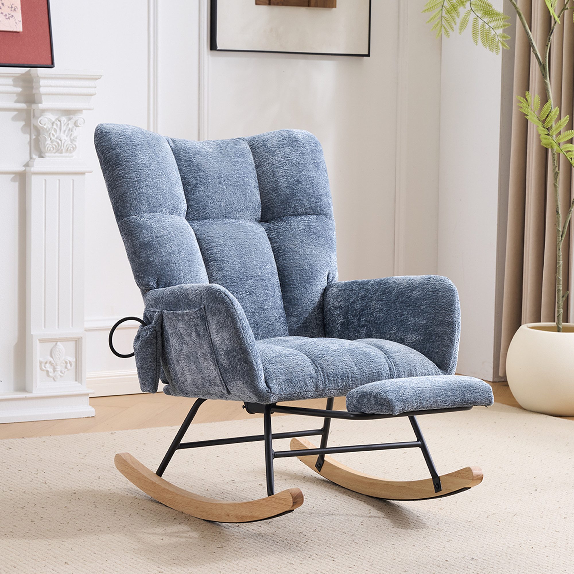 Vankel Schaukelstuhl Relaxsessel Chenille mit Fußstütze, Schaukelfunktion & Stauraum, Bequemer Schaukelstuhl mit Luftkissen-Rückenlehne für Wohnzimmer