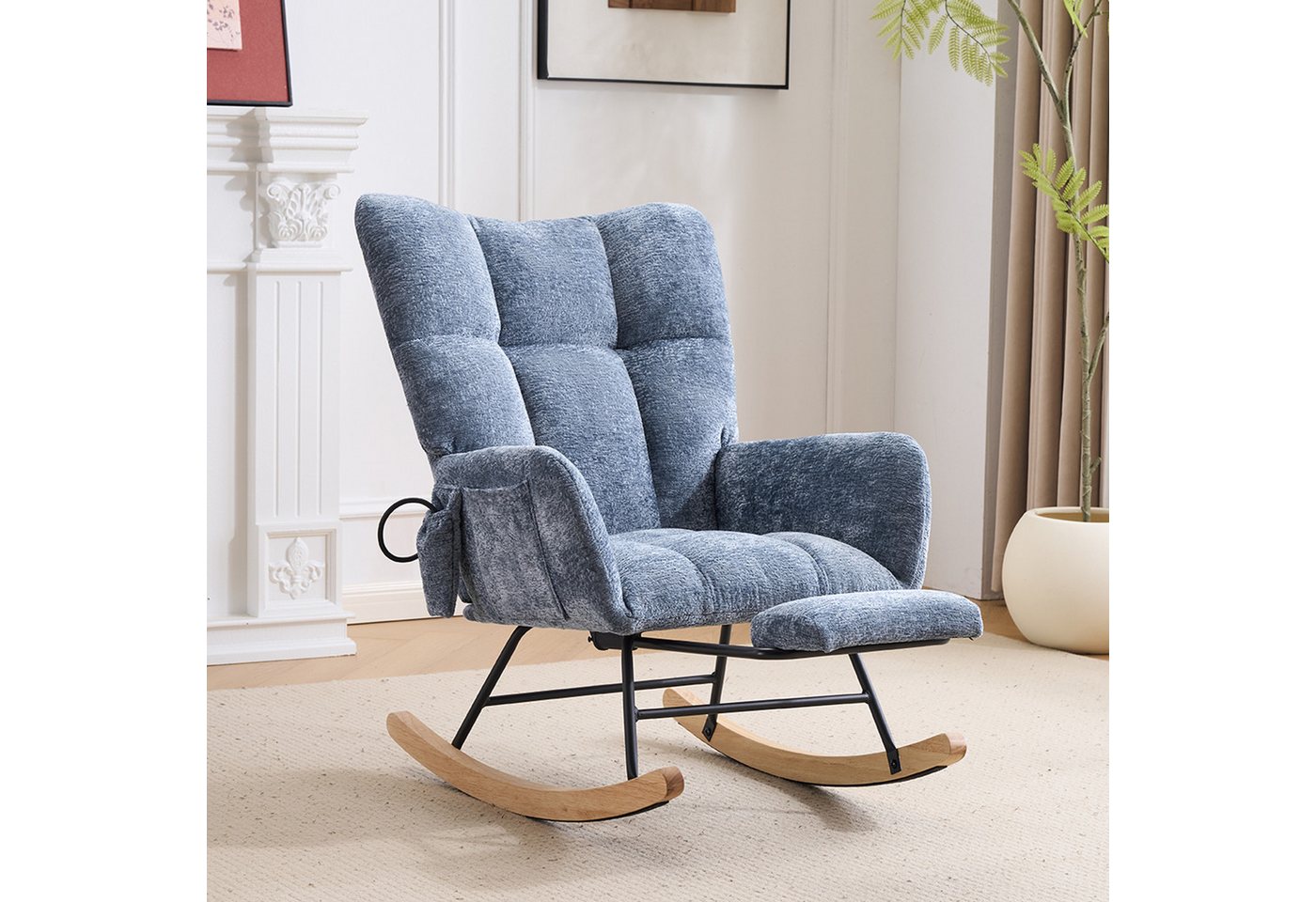 Vankel Schaukelstuhl Relaxsessel Chenille mit Fußstütze, Schaukelfunktion & Stauraum, Bequemer Schaukelstuhl mit Luftkissen-Rückenlehne für Wohnzimmer