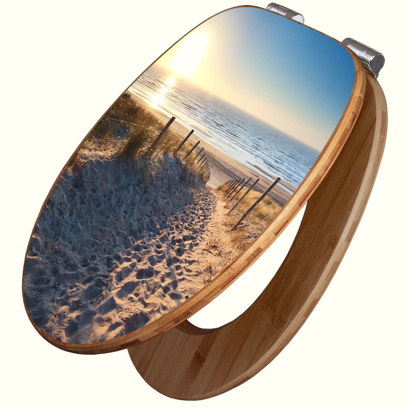 banjado WC-Sitz aus Bambus mit Absenkautomatik Motiv Nordseestrand (umweltfreundliches Material, integrierte Absenkautomatik), 45,8 x 37,5 x 5 cm