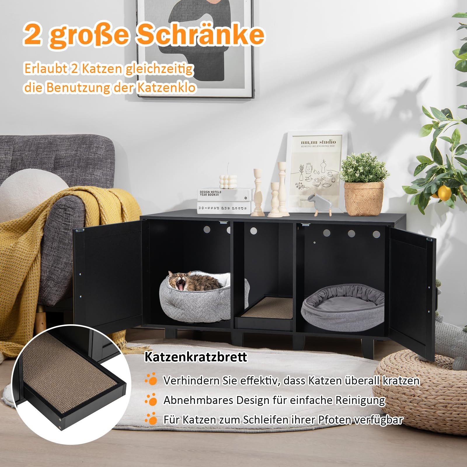 COSTWAY Tierhaus, Katzenklo Schrank, mit 2 Türen & Kratzbrett, 120 x 52 x 65 cm