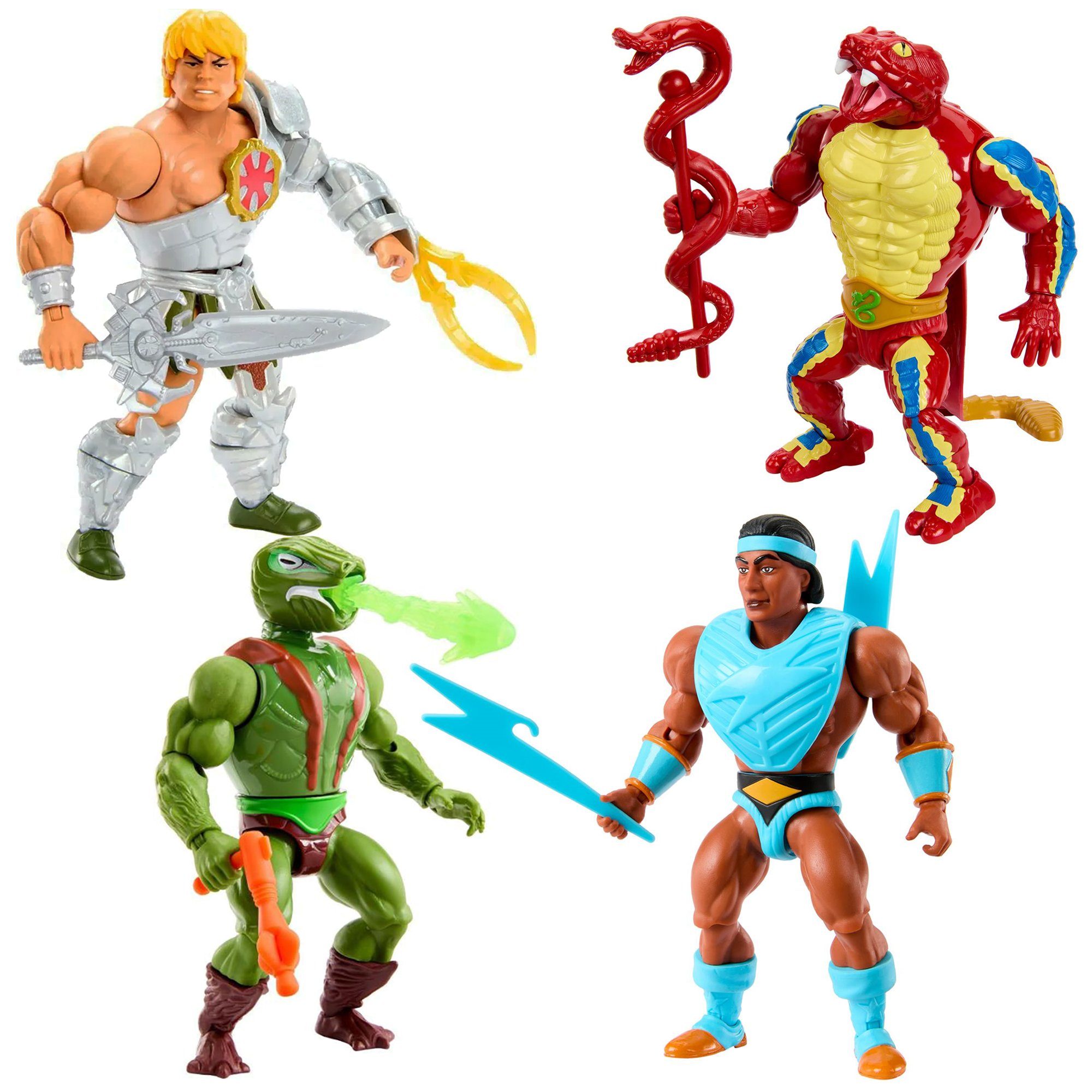 Mattel® Actionfigur Masters of the Universe Origins, Wave 11: Rattlor,  Kobra Kahn, Bolt-Man & Snake Armor He-Man