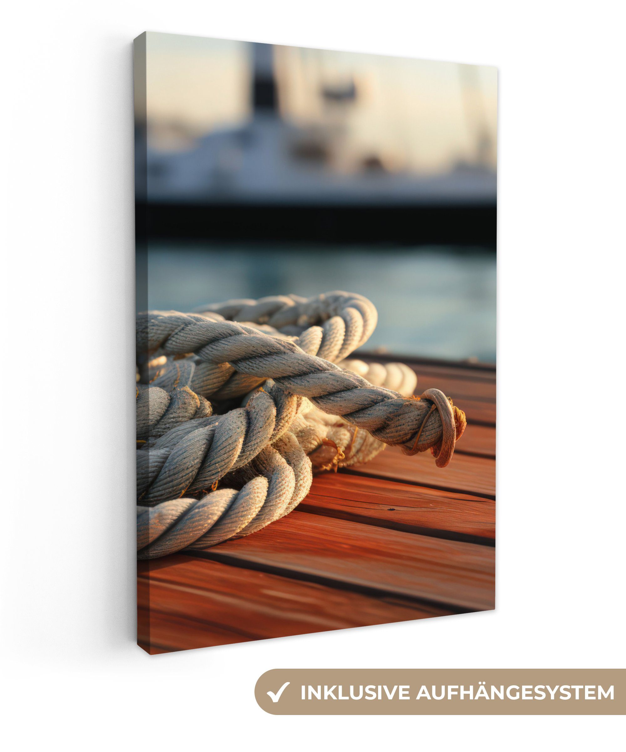 OneMillionCanvasses® Leinwandbild Seil - Boot - Maritim - Holz - Hafen, Fotodruck (1 St), Leinwand Canvas Wandbild, Wanddekoration 20x30 cm