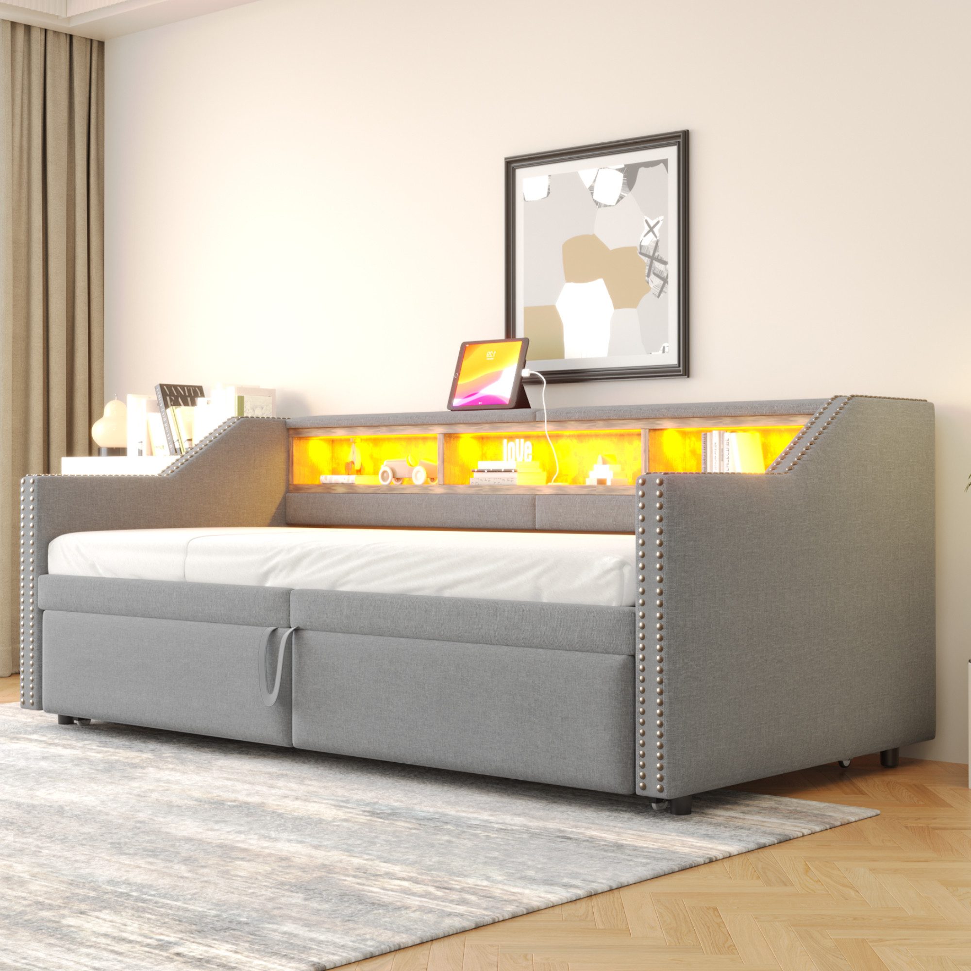 STILVORA Schlafsofa mit Bettfunktion,Polsterbett 90x200 mit LED,Tagesbett ausziehbar, Polsterbett 90/180x200 cm, ausziehbarem Bettgestell – Platzsparendes Gästebett, ohne Matratze