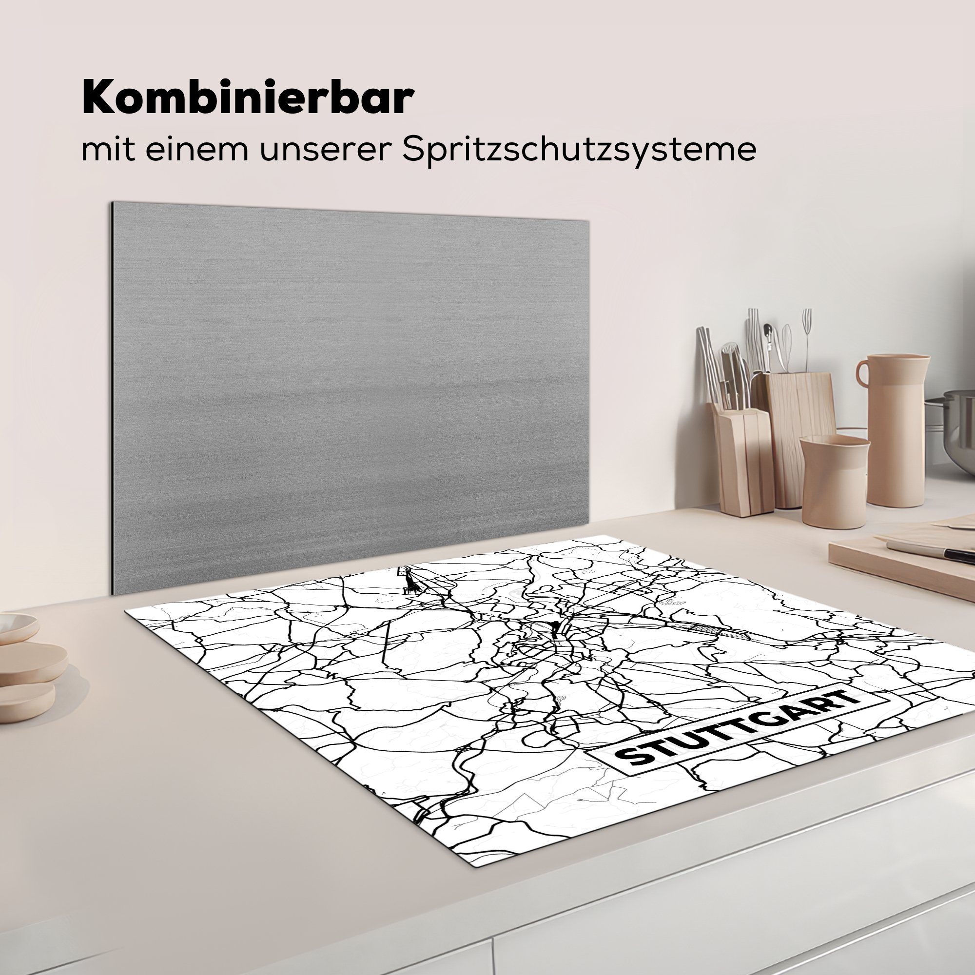 küche 78x78 Arbeitsplatte Stuttgart Stadtplan, MuchoWow Vinyl, tlg), - Herdblende-/Abdeckplatte Karte - (1 Ceranfeldabdeckung, cm, für