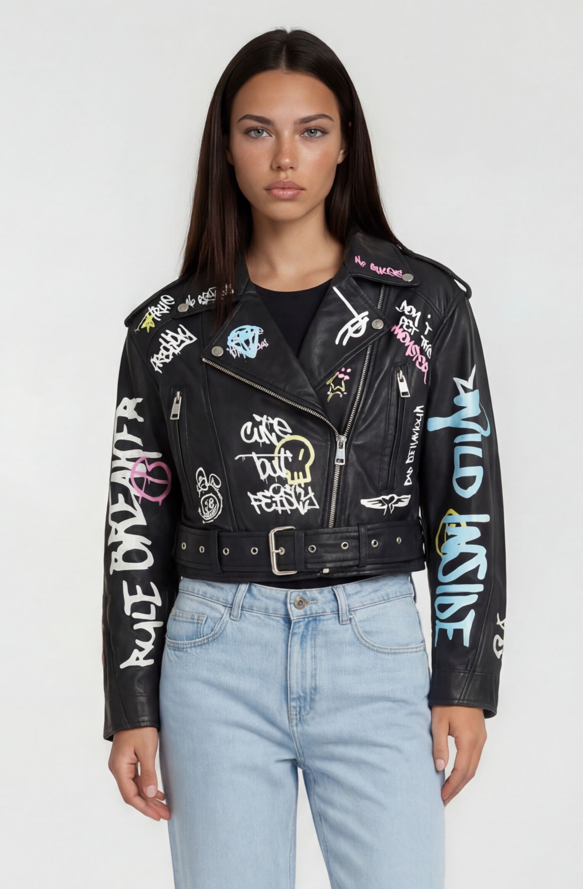 trueprodigy Lederjacke Senra Graffitiprint, Reverskragen und Gürtel