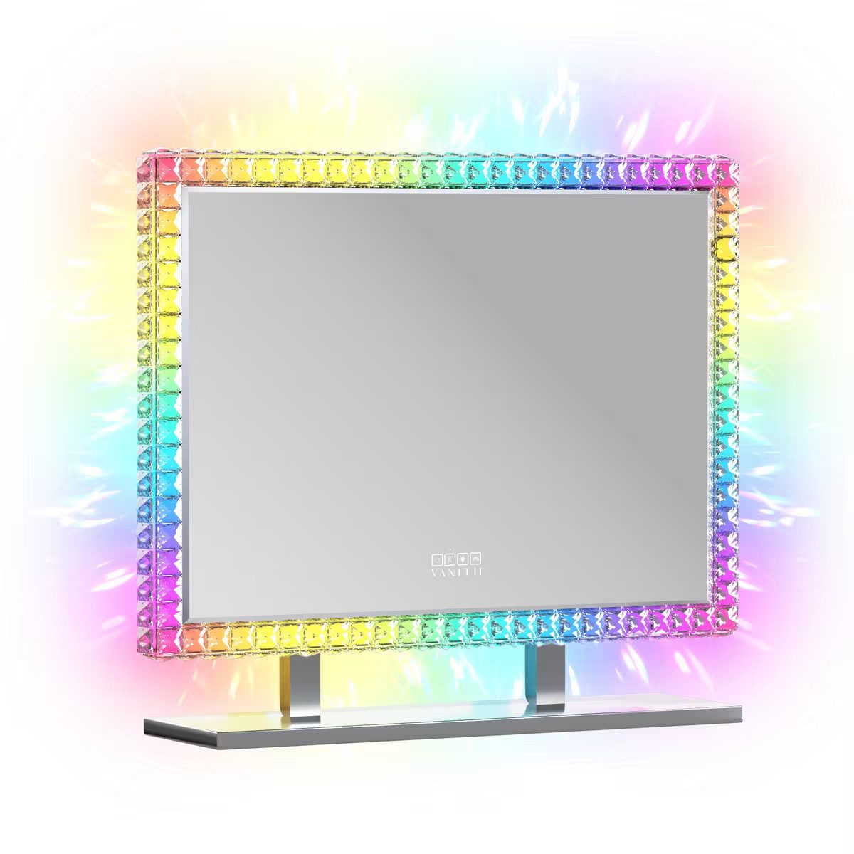 FENCHILIN Schminkspiegel mit umlaufender LED-Lichtleiste und Strasssteinen, 80 x 60 x15 cm (1-St), Bluetooth-Lautsprecher, USB-Ladeanschluss, Facettenschliff-Rahmen