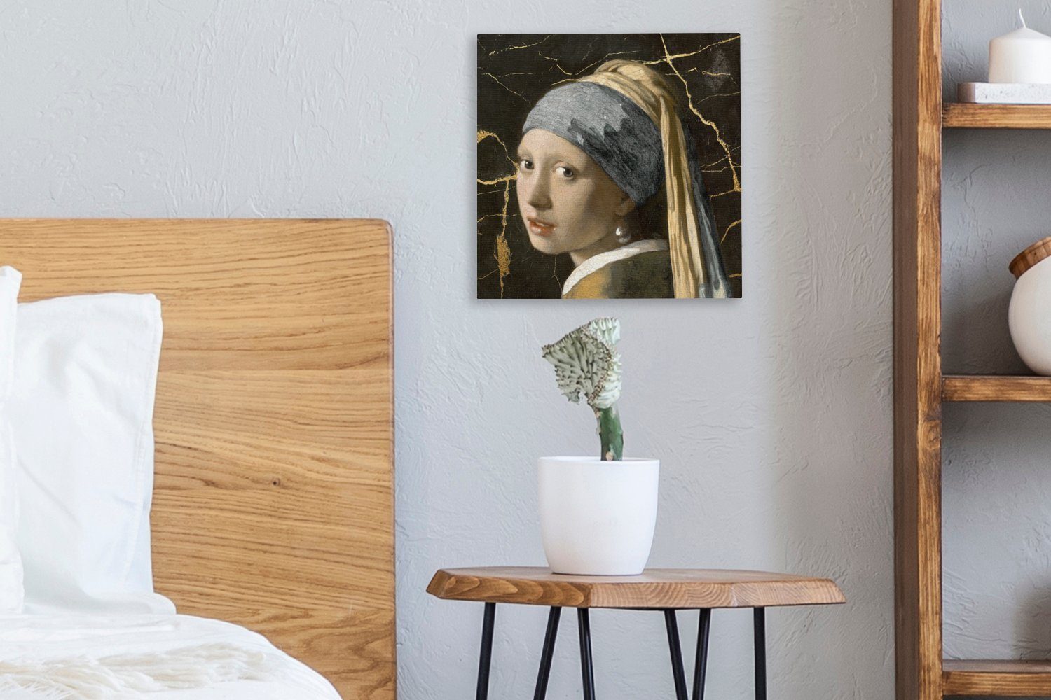 OneMillionCanvasses® Gemälde St), Schwarz, - mit Gold Schlafzimmer Perlenohrring Wohnzimmer Bilder Mädchen - für Leinwand (1