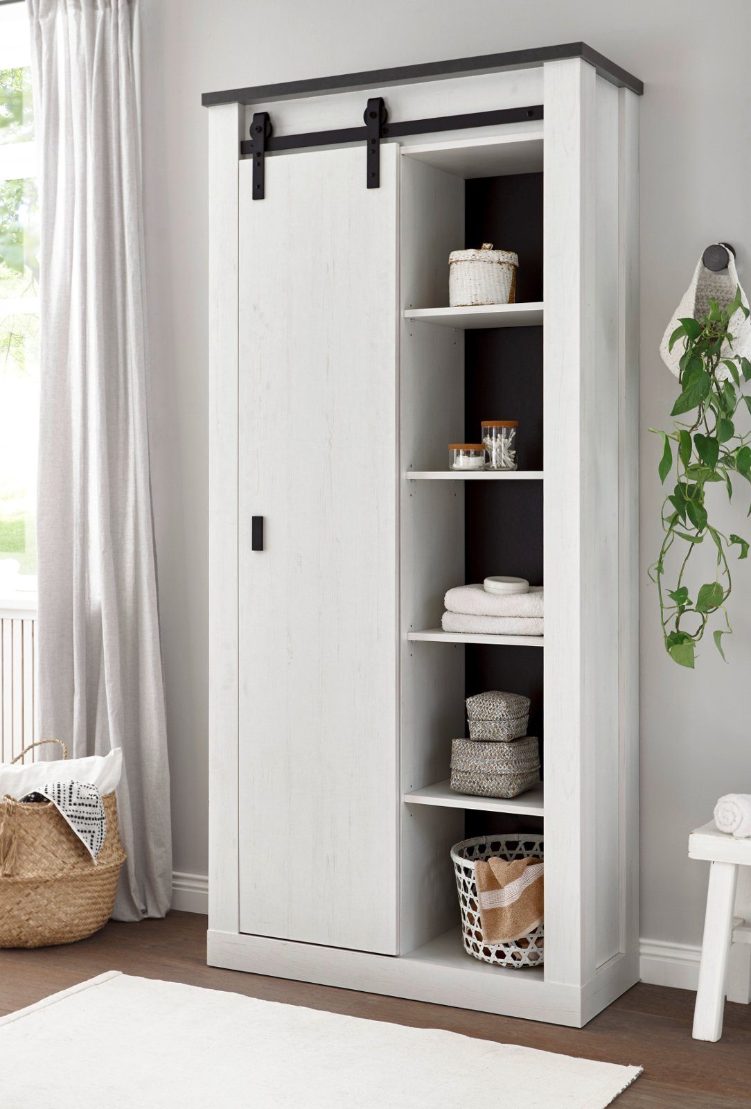 Furn.Design Mehrzweckschrank Stove (Flur- und Schuhschrank in Pinie weiß Landhaus, 93 x 201 cm) mit 10 Fächern und Schiebetür