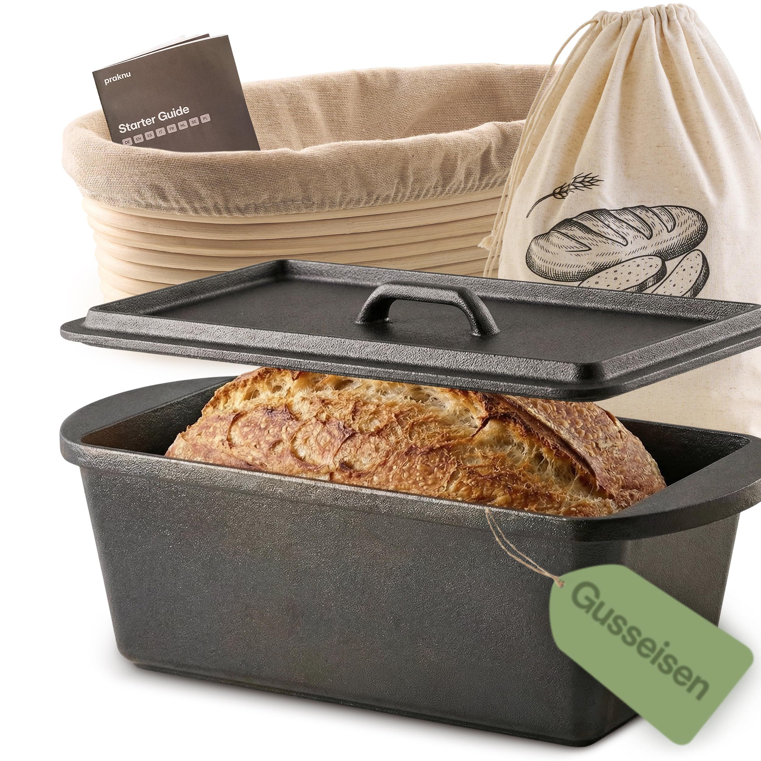 Praknu Bräter Gusseisen Topf für Brot Backen Set – Inkl. Gärkorb, Beutel & Backtopf, (Set mit Zubehör, Gusseisen Topf Eckig 3L + Deckel + …