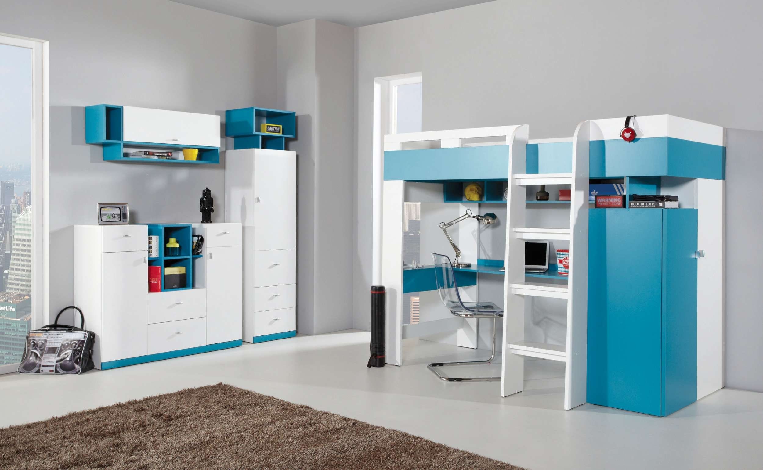 99rooms Kinderkleiderschrank Bond Weiß Hochglanz Türkis (Sideboard, Kinderschrank) mit Schubladen, FSC-Zertifizierung, viel Stauraum, Modern Design