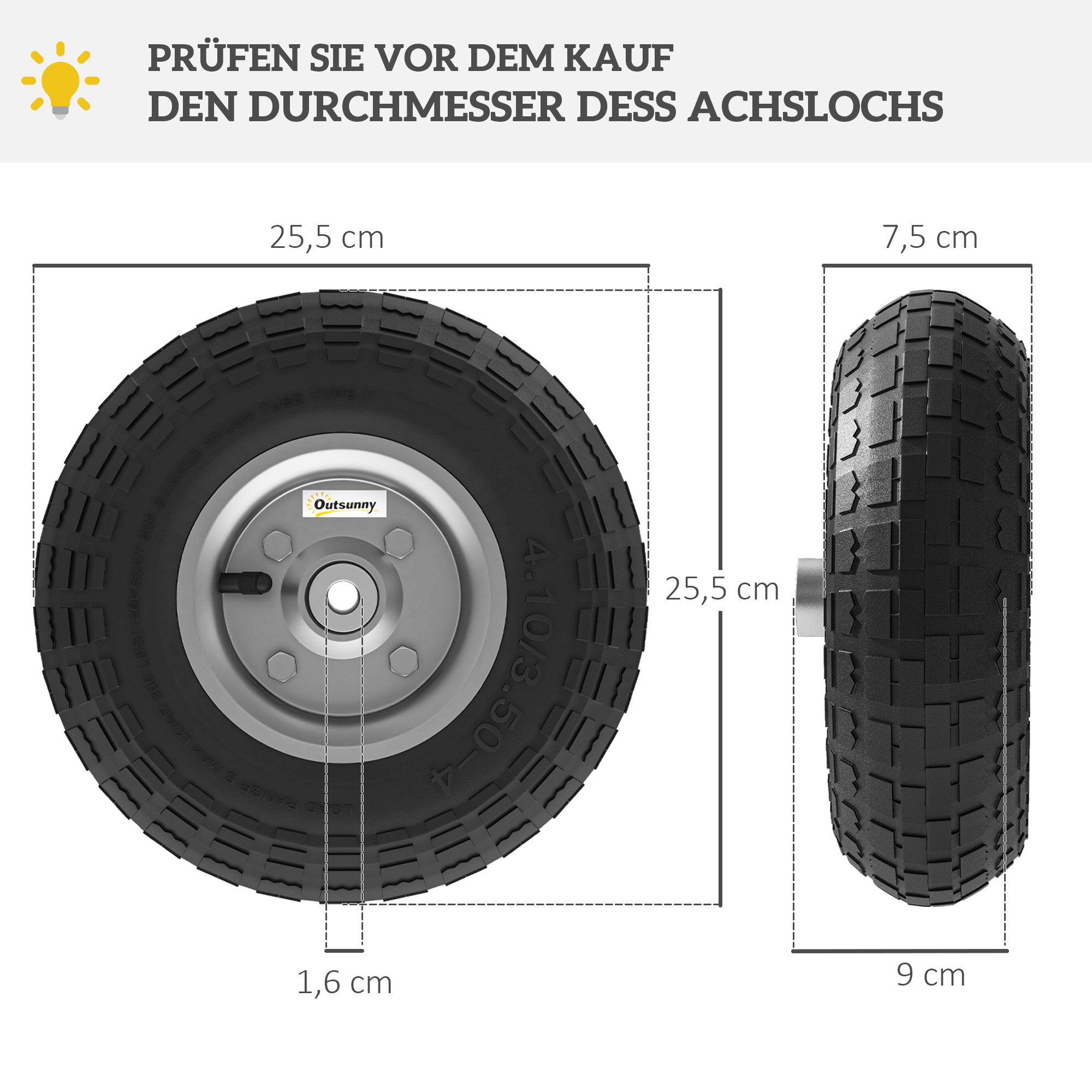Outsunny Schubkarren-Rad Schubkarrenrad Set 80 kg Ø 255 mm mit Schlauch Kugellager (Ersatzrad, 4 St., Luftreifen), Schwarz