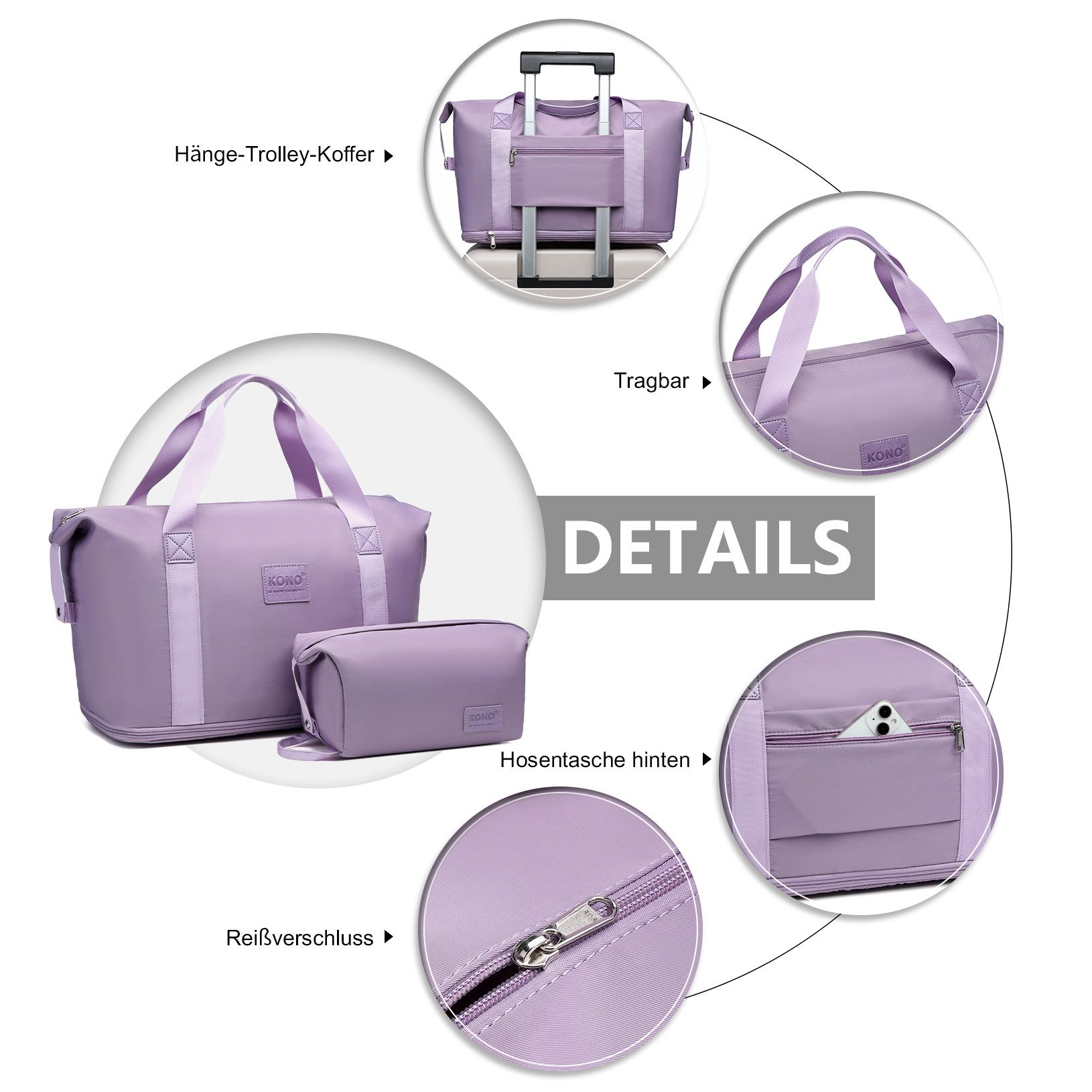 KONO Reisetasche 2-in-1 Set: Erweiterbare Handgepäck-Tasche (36L) + Kosmetiktasche, Praktisches und leichtes Design