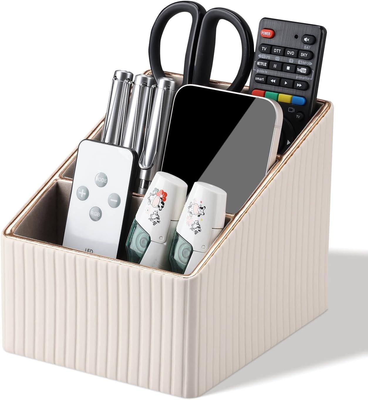 BlingBin Fernbedienungshalter Stift- und Bleistift-Organizer aus PU-Leder mit 6 Schlitzen, (1 Stück, 1-tlg., 16T x 13B x 13H cm, Organizer Mit 3 Fächern, Fernbedienung Halterung für Schreibtisch)